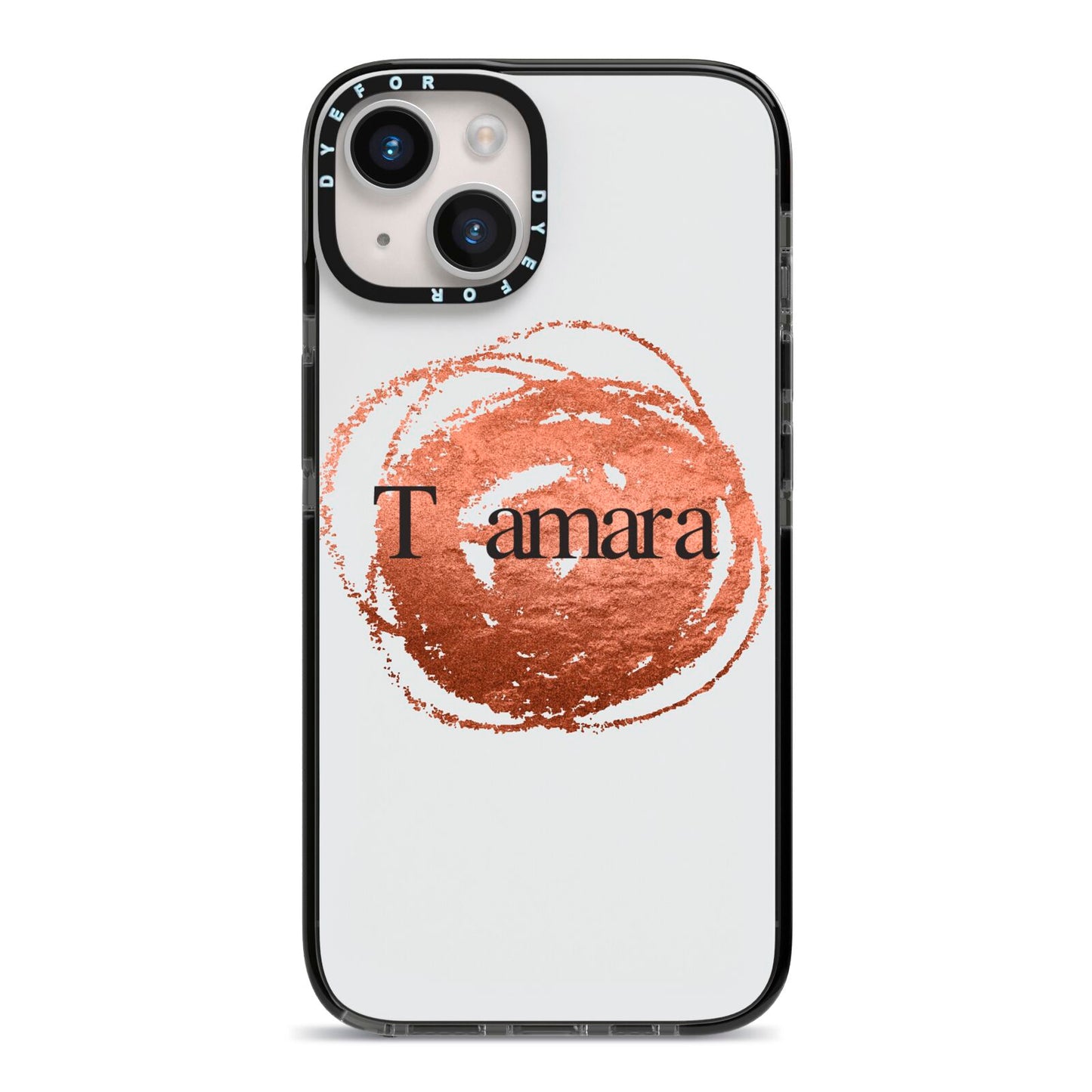 Personalised Copper Effect Custom Initials iPhone 14 Black Impact Case on Silver phone