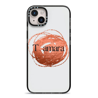 Personalised Copper Effect Custom Initials iPhone 14 Plus Black Impact Case on Silver phone