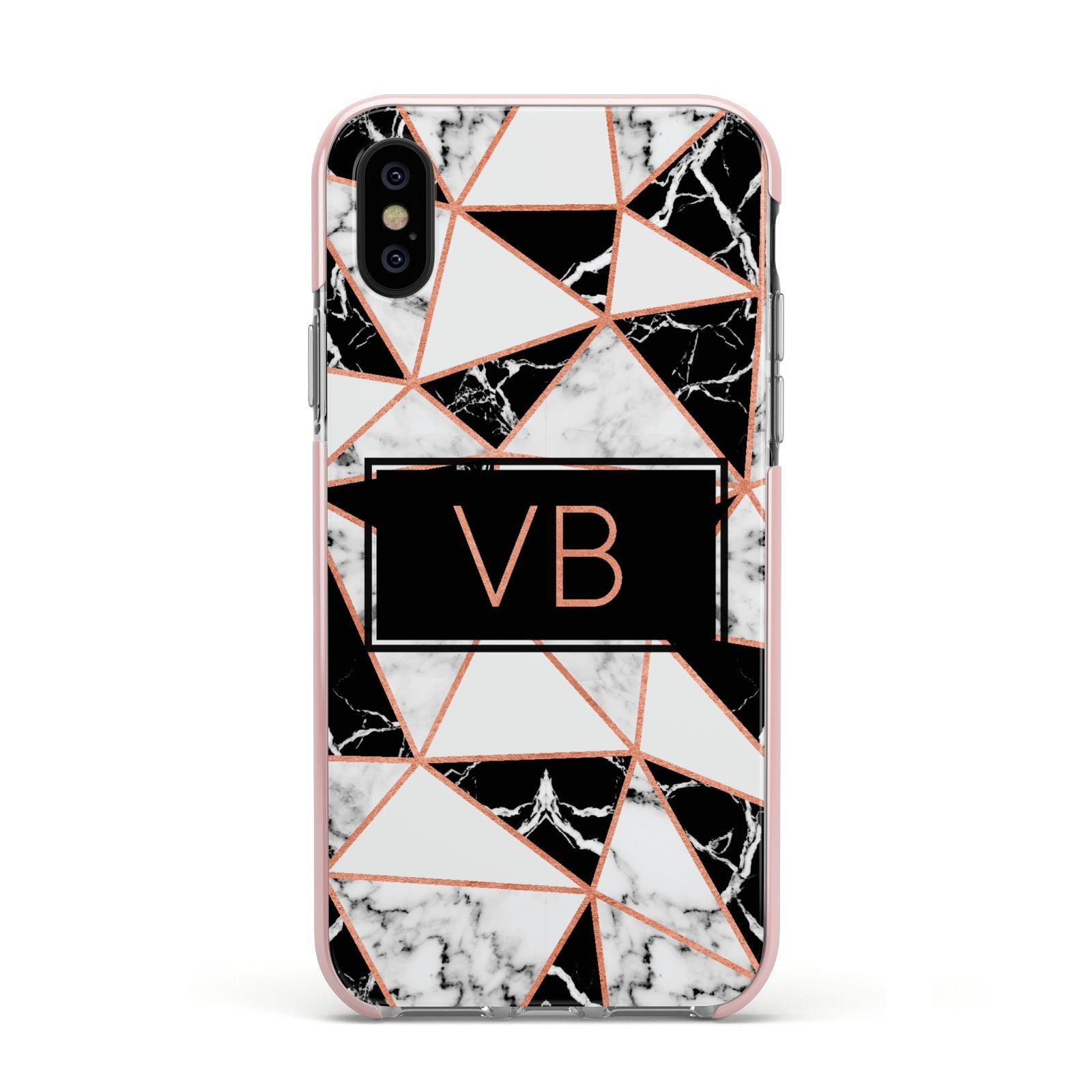Personalised Copper Marble Initials Apple iPhone Xs Impact Case Pink Edge on Black Phone