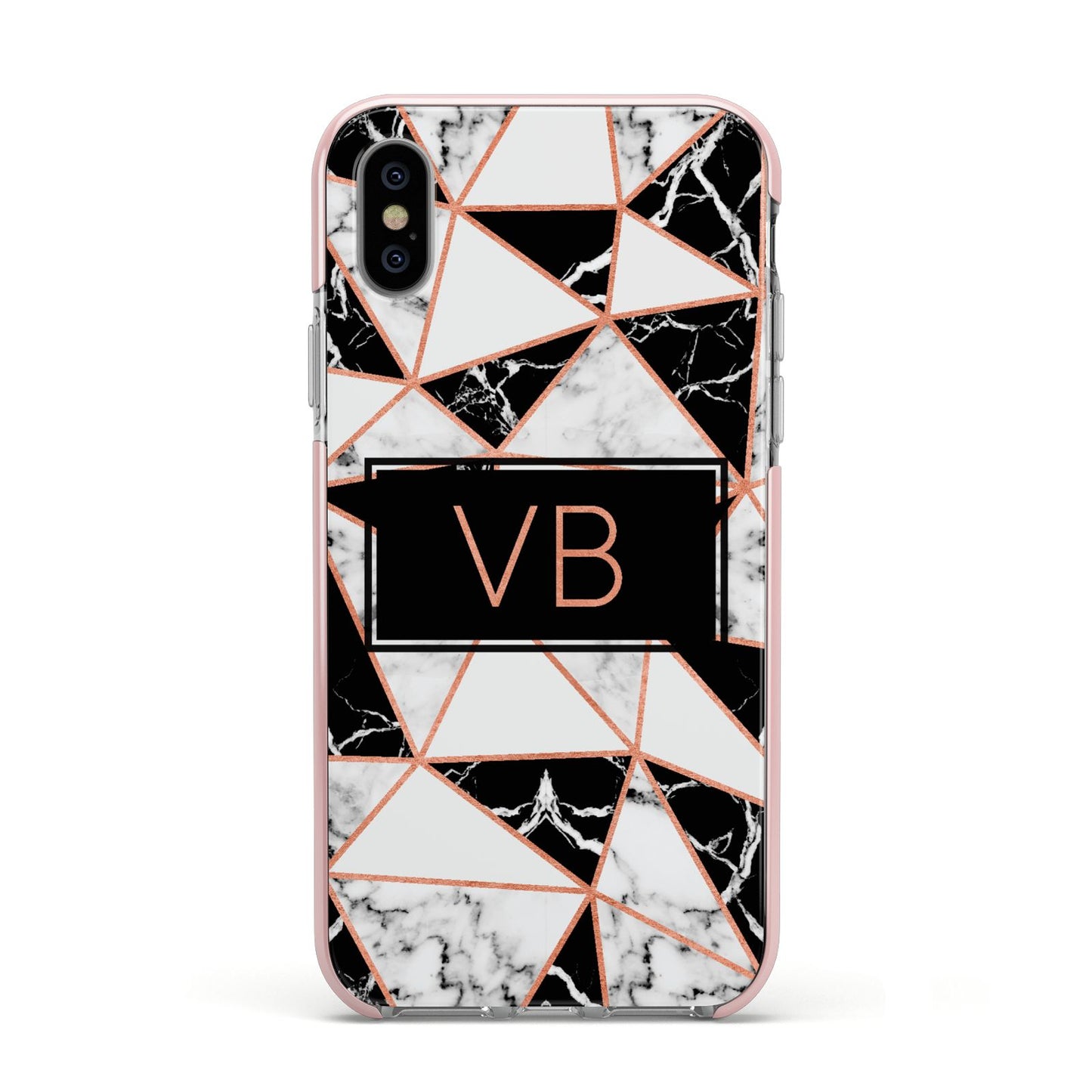 Personalised Copper Marble Initials Apple iPhone Xs Impact Case Pink Edge on Silver Phone
