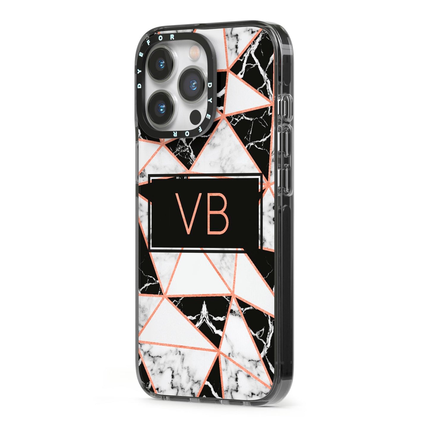 Personalised Copper Marble Initials iPhone 13 Pro Black Impact Case Side Angle on Silver phone