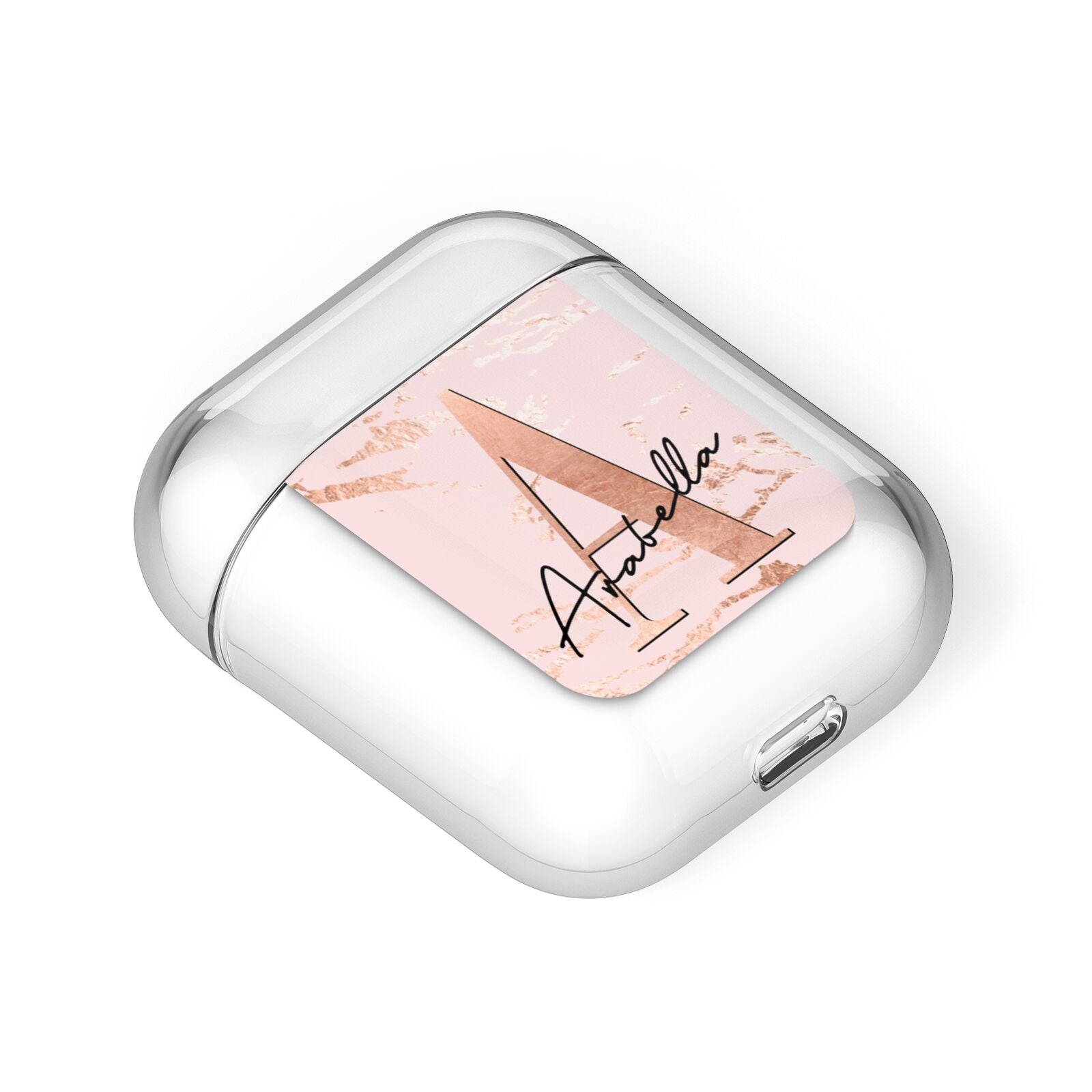 Personalised Copper Pink Marble AirPods Case Laid Flat