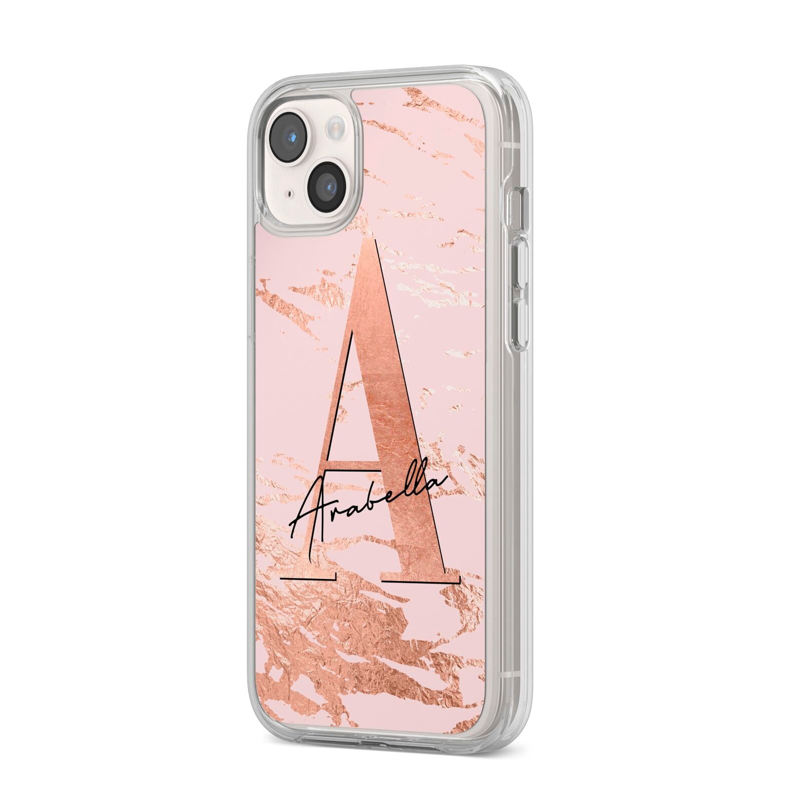 Personalised Copper Pink Marble iPhone 14 Plus Clear Tough Case Starlight Angled Image