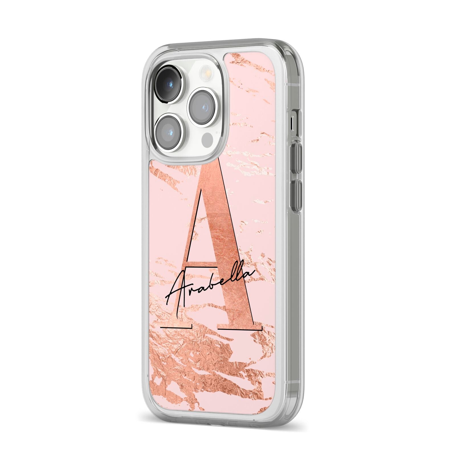 Personalised Copper Pink Marble iPhone 14 Pro Clear Tough Case Silver Angled Image