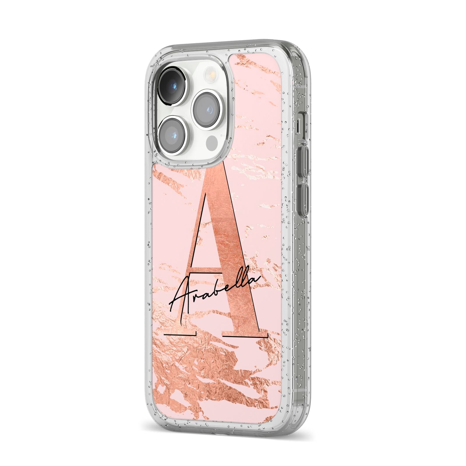 Personalised Copper Pink Marble iPhone 14 Pro Glitter Tough Case Silver Angled Image