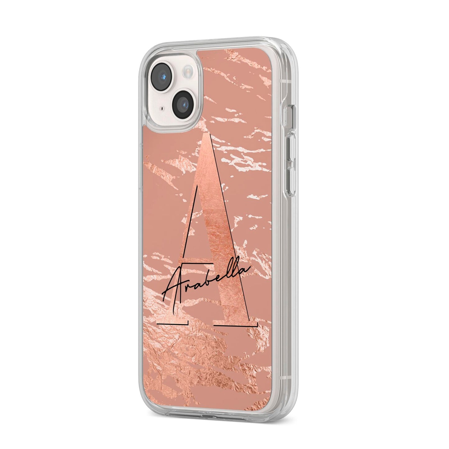 Personalised Copper Taupe Marble iPhone 14 Plus Clear Tough Case Starlight Angled Image