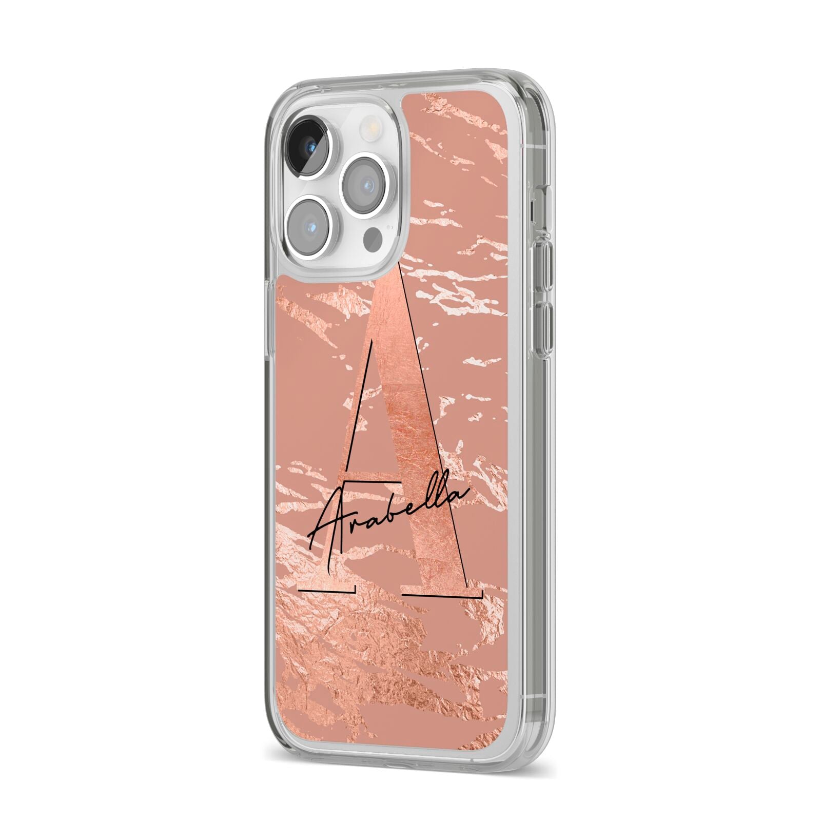Personalised Copper Taupe Marble iPhone 14 Pro Max Clear Tough Case Silver Angled Image