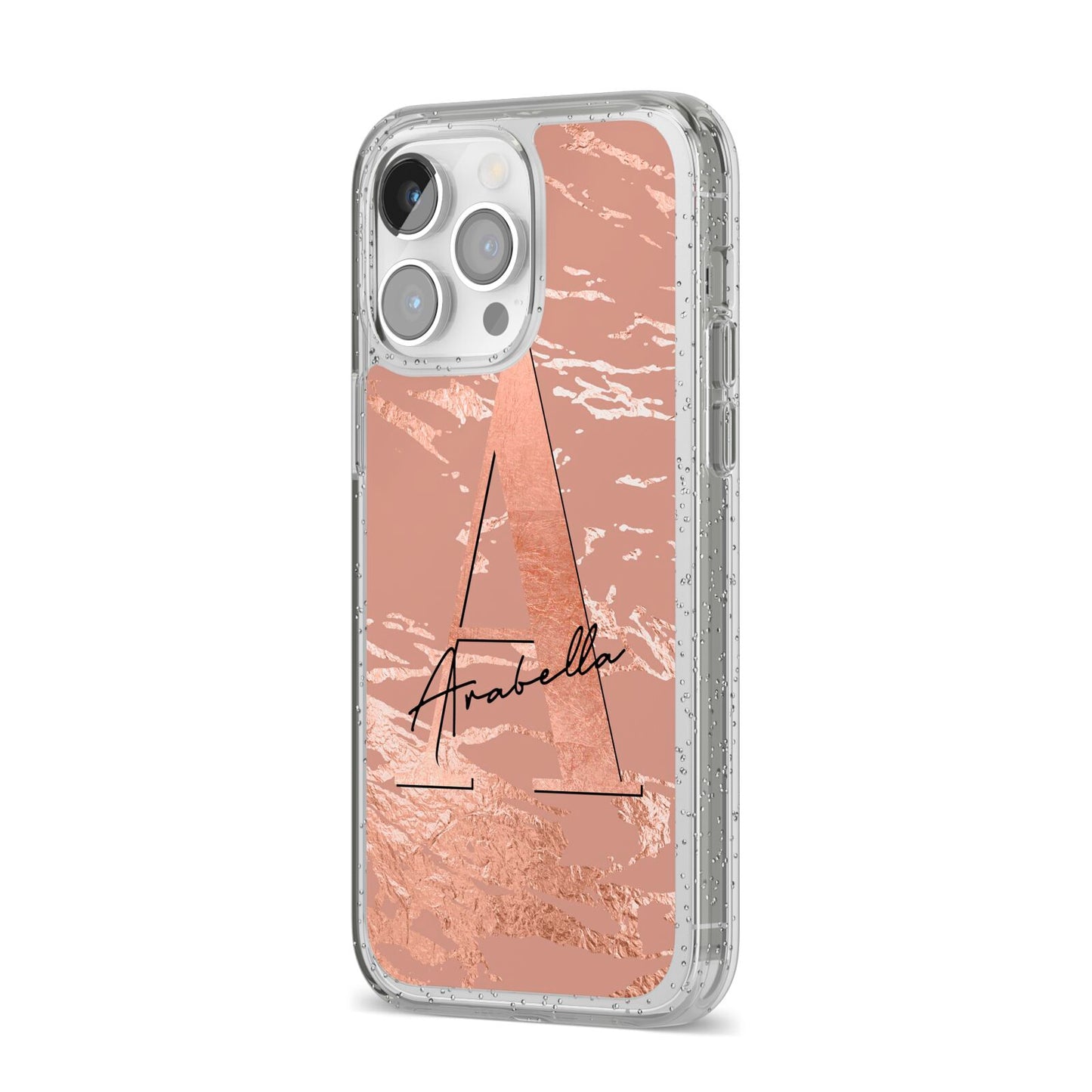 Personalised Copper Taupe Marble iPhone 14 Pro Max Glitter Tough Case Silver Angled Image