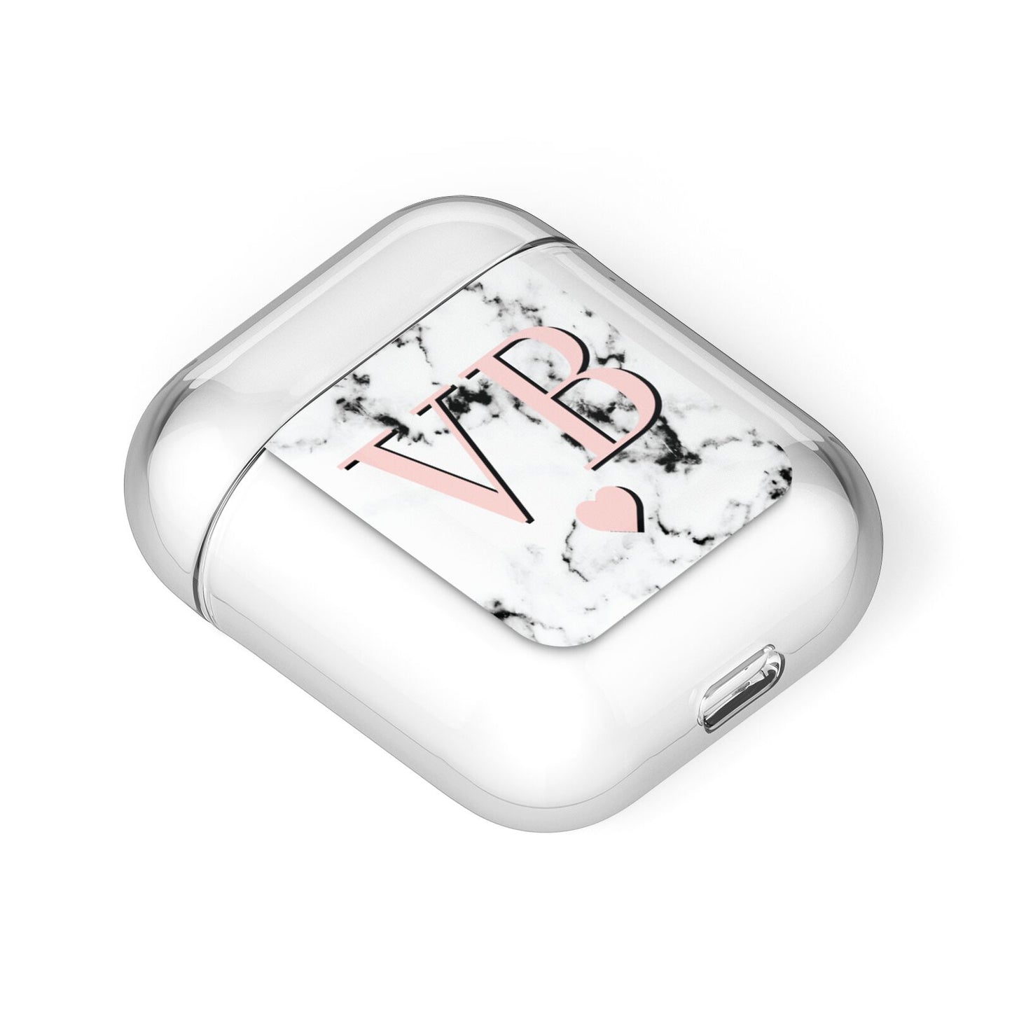 Personalised Coral Heart Initial Marble AirPods Case Laid Flat