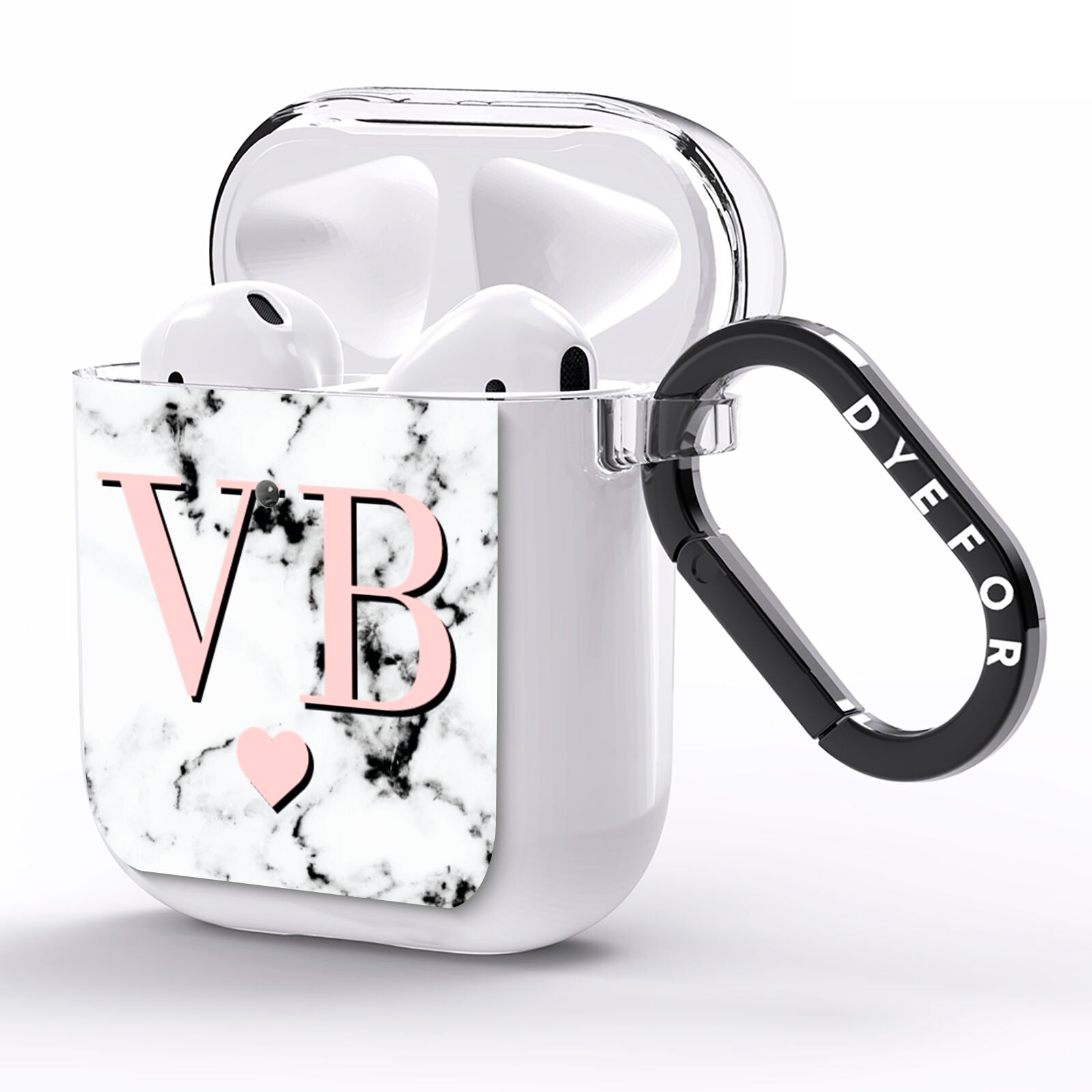 Personalised Coral Heart Initial Marble AirPods Clear Case Side Image