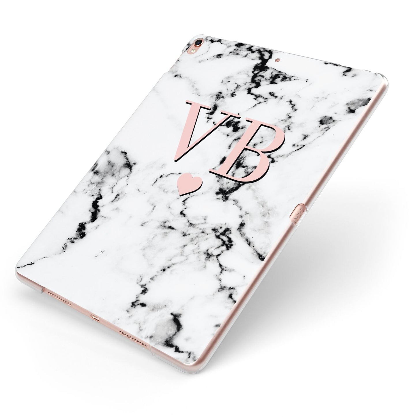 Personalised Coral Heart Initial Marble Apple iPad Case on Rose Gold iPad Side View