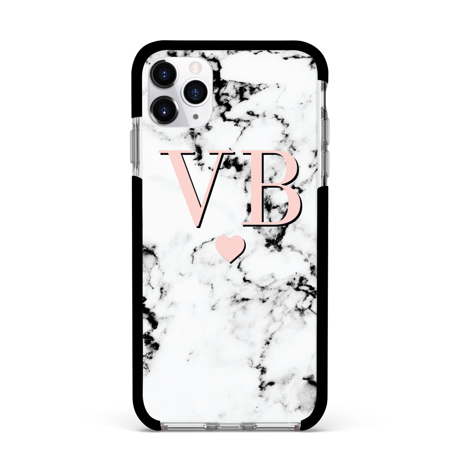 Personalised Coral Heart Initial Marble Apple iPhone 11 Pro Max in Silver with Black Impact Case