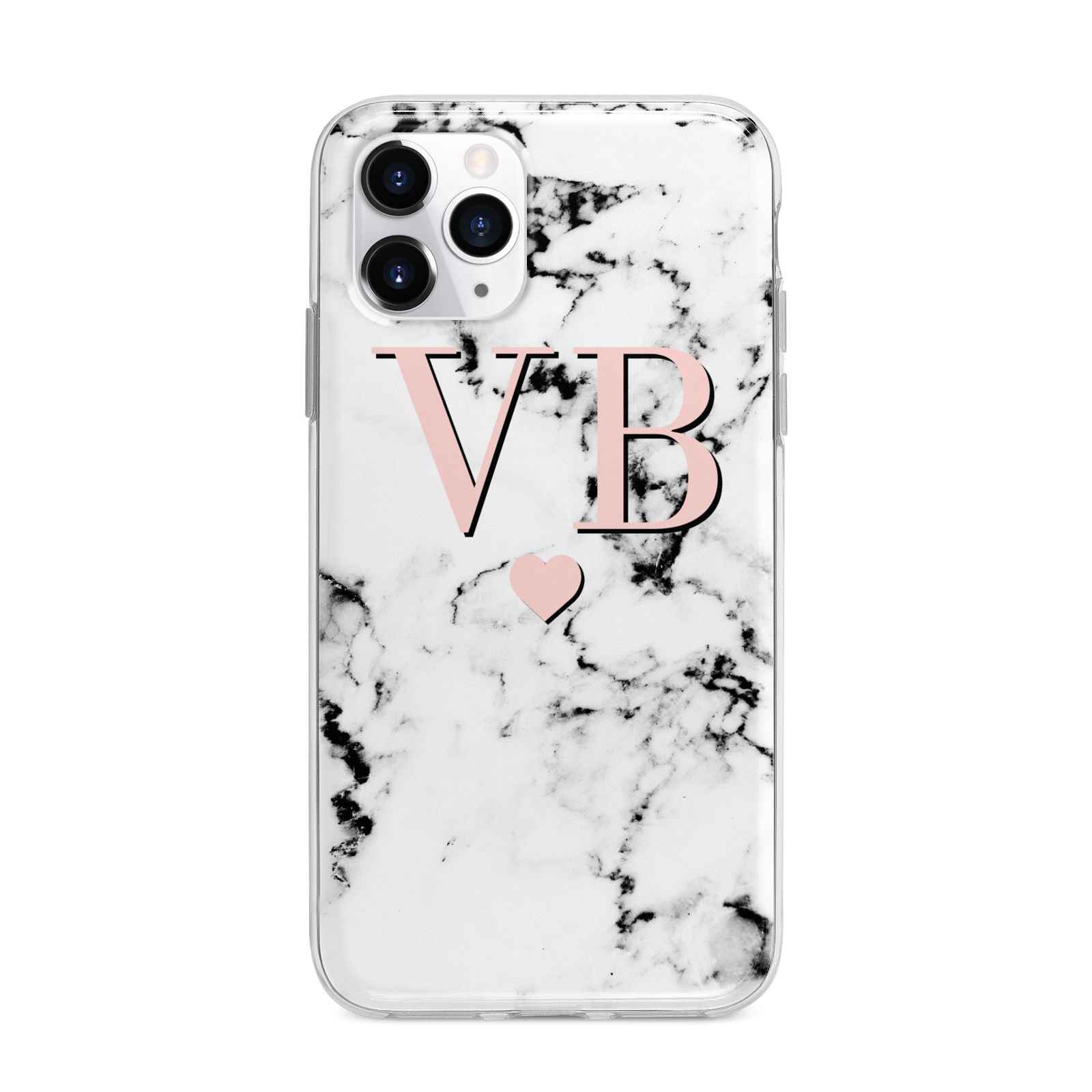 Personalised Coral Heart Initial Marble Apple iPhone 11 Pro Max in Silver with Bumper Case