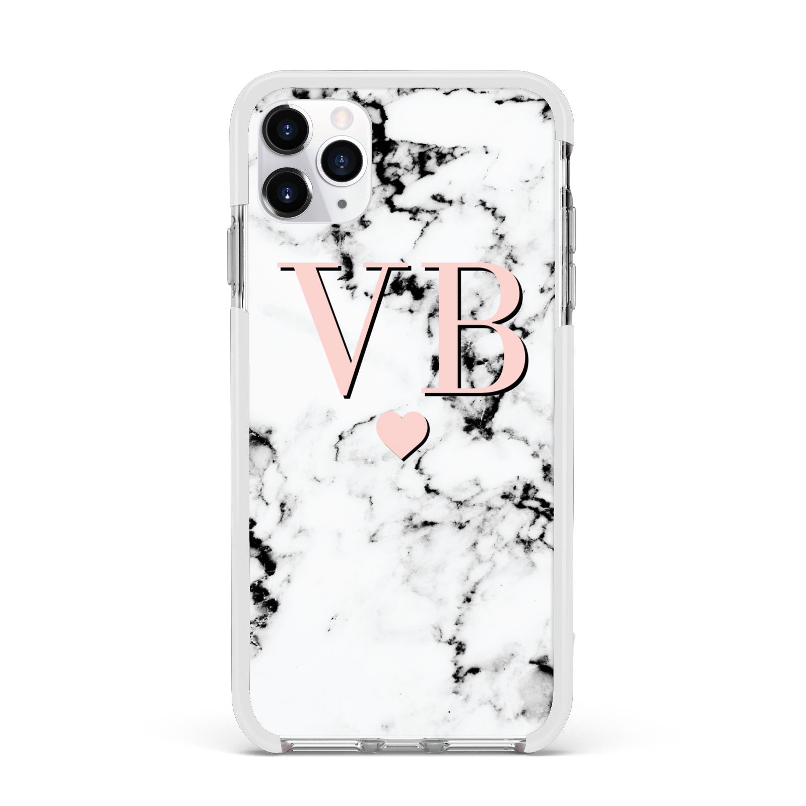 Personalised Coral Heart Initial Marble Apple iPhone 11 Pro Max in Silver with White Impact Case