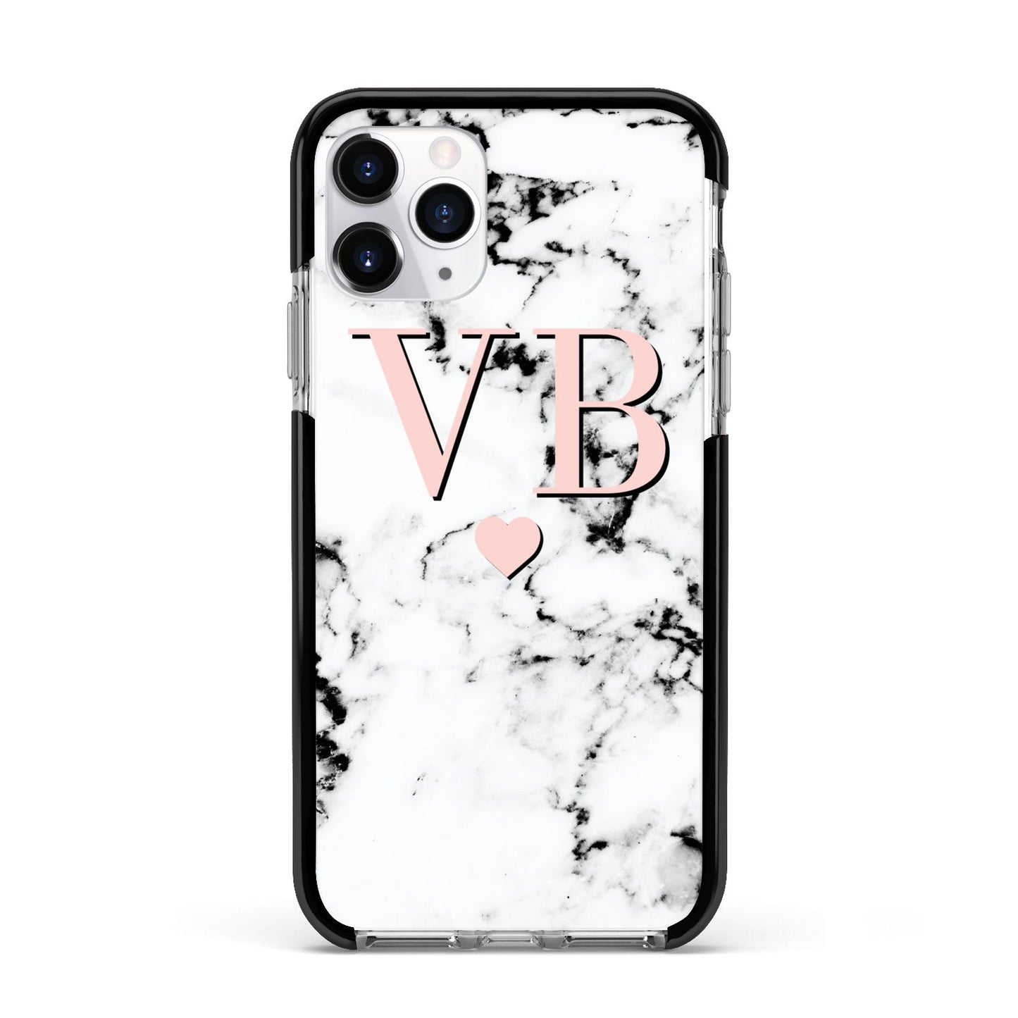 Personalised Coral Heart Initial Marble Apple iPhone 11 Pro in Silver with Black Impact Case