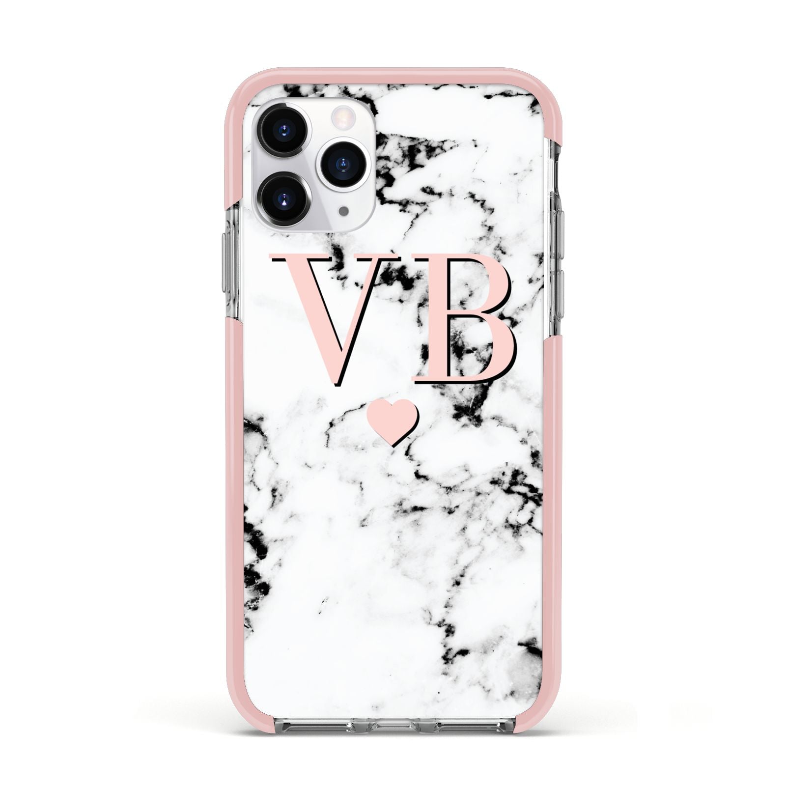 Personalised Coral Heart Initial Marble Apple iPhone 11 Pro in Silver with Pink Impact Case