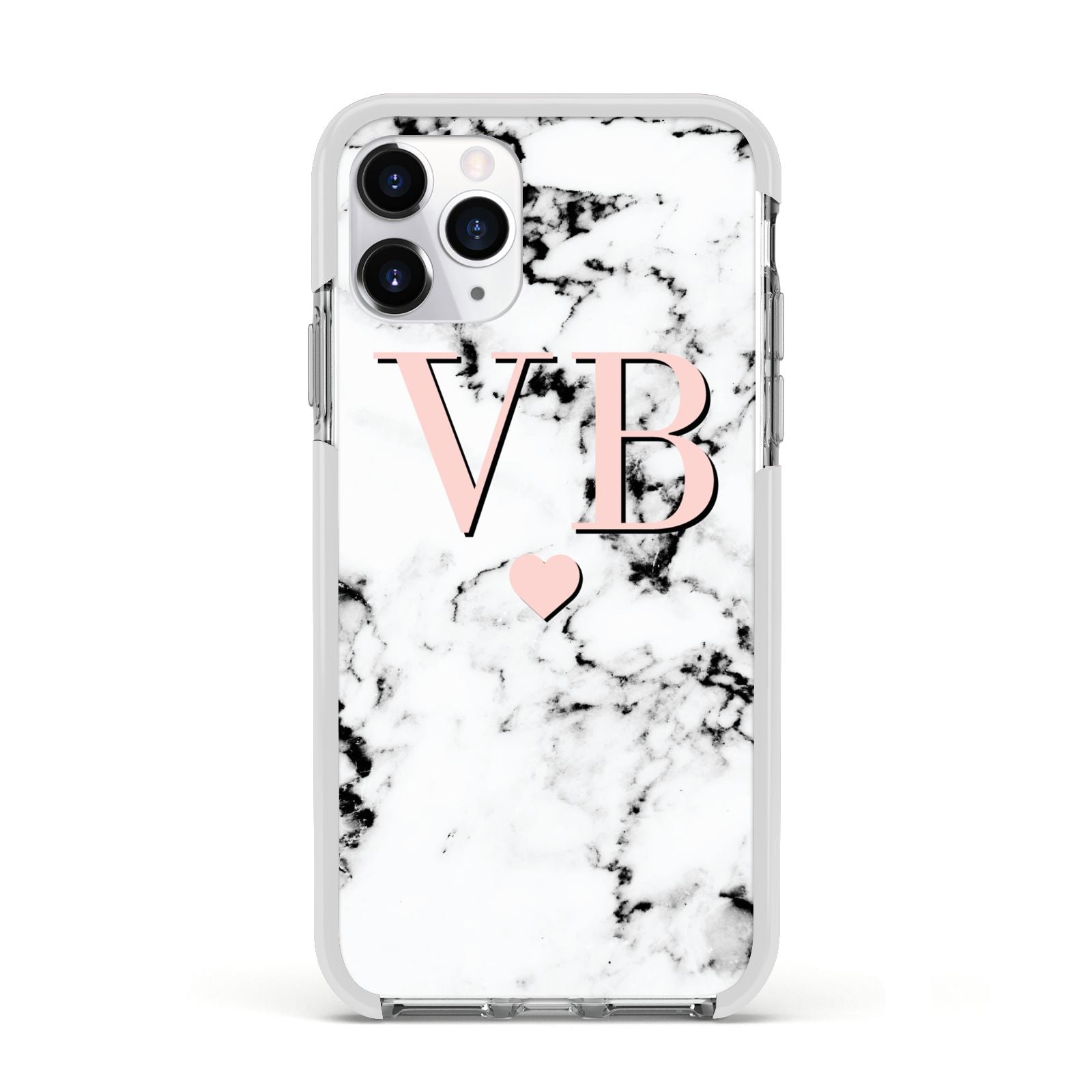 Personalised Coral Heart Initial Marble Apple iPhone 11 Pro in Silver with White Impact Case