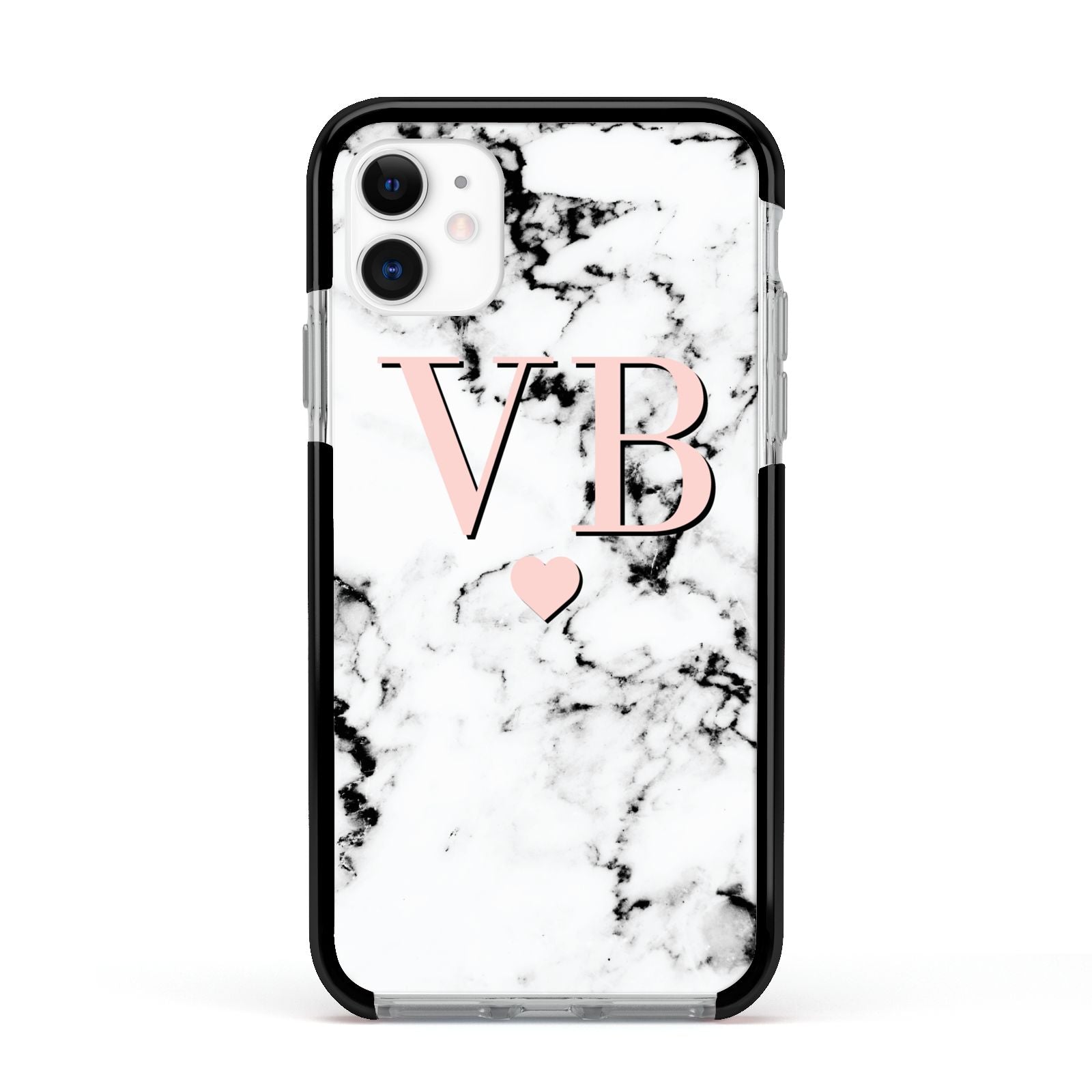 Personalised Coral Heart Initial Marble Apple iPhone 11 in White with Black Impact Case
