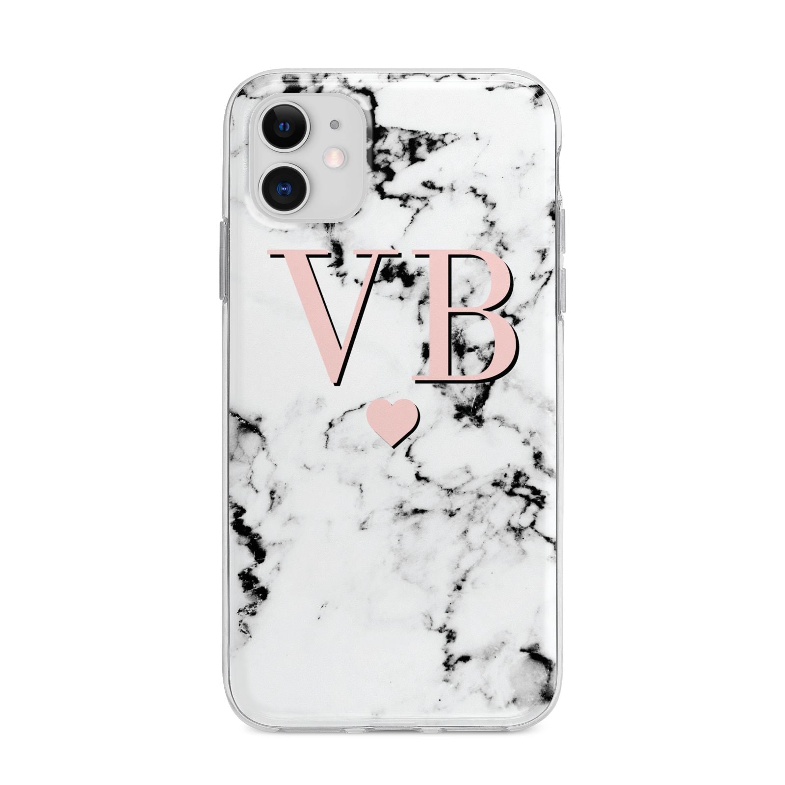 Personalised Coral Heart Initial Marble Apple iPhone 11 in White with Bumper Case
