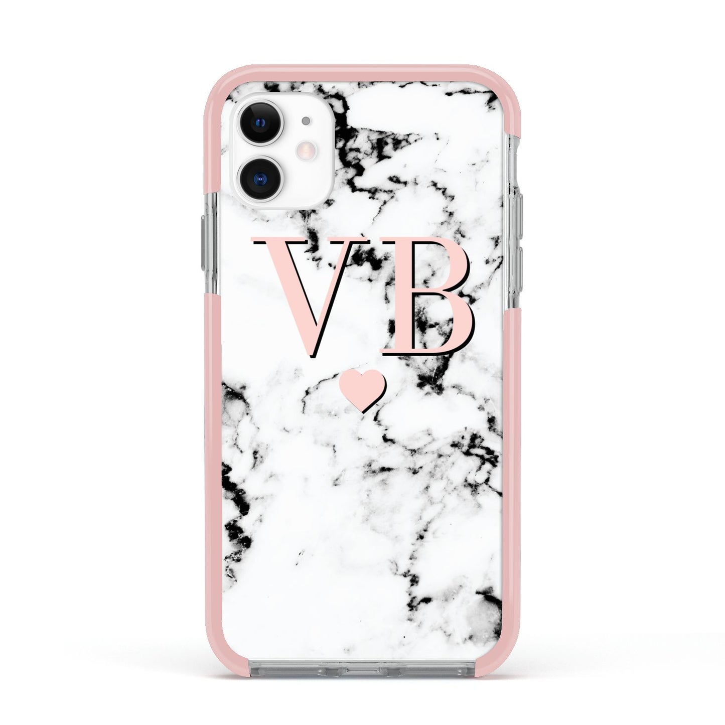 Personalised Coral Heart Initial Marble Apple iPhone 11 in White with Pink Impact Case