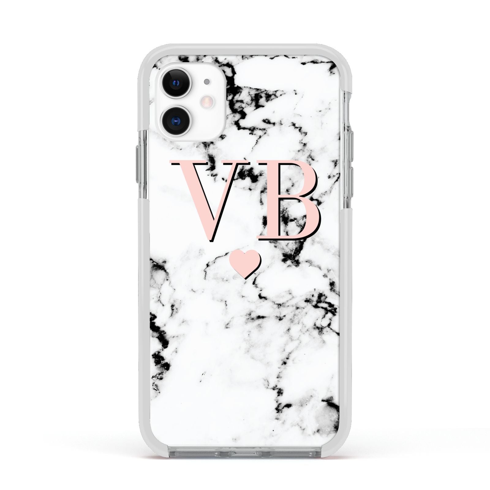 Personalised Coral Heart Initial Marble Apple iPhone 11 in White with White Impact Case