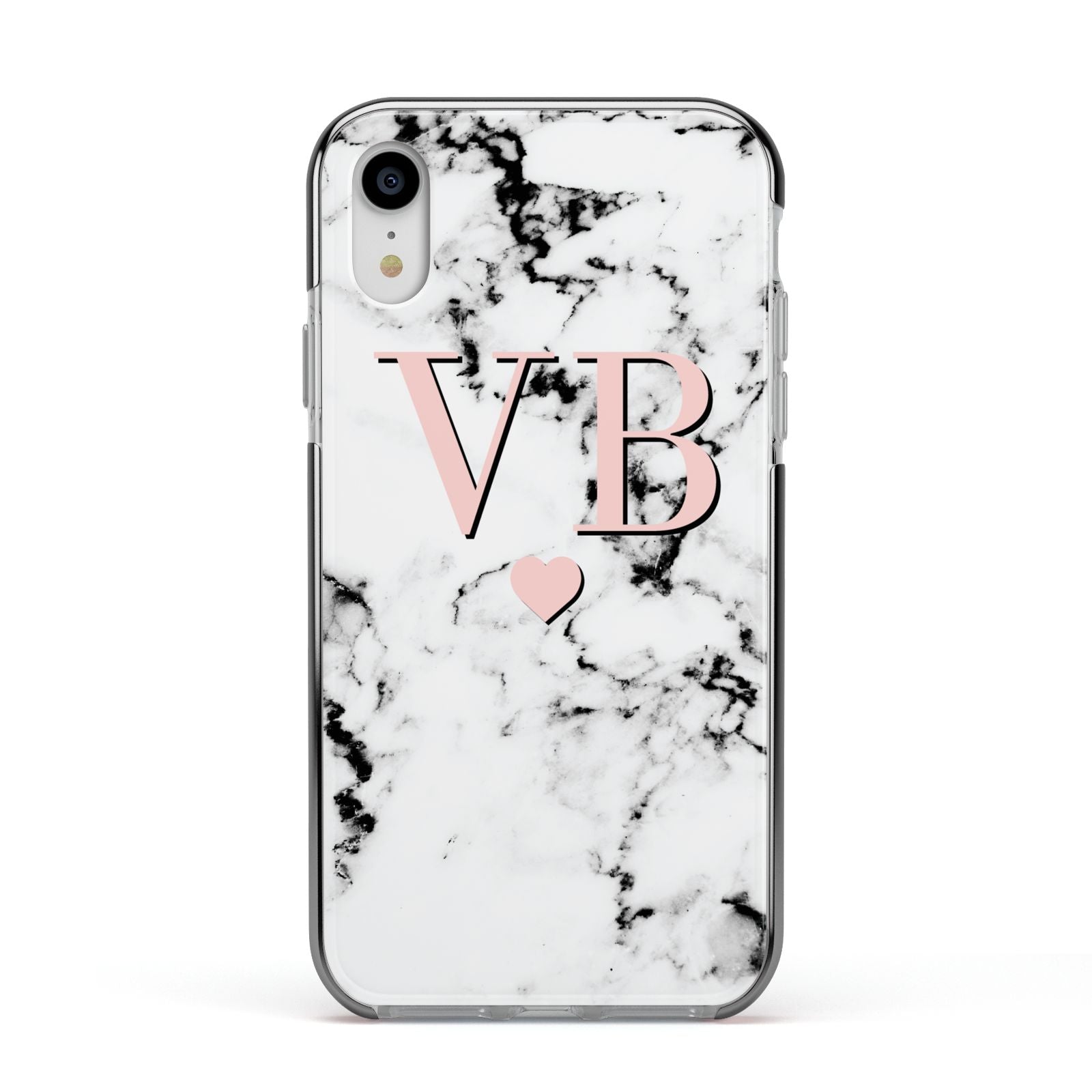 Personalised Coral Heart Initial Marble Apple iPhone XR Impact Case Black Edge on Silver Phone