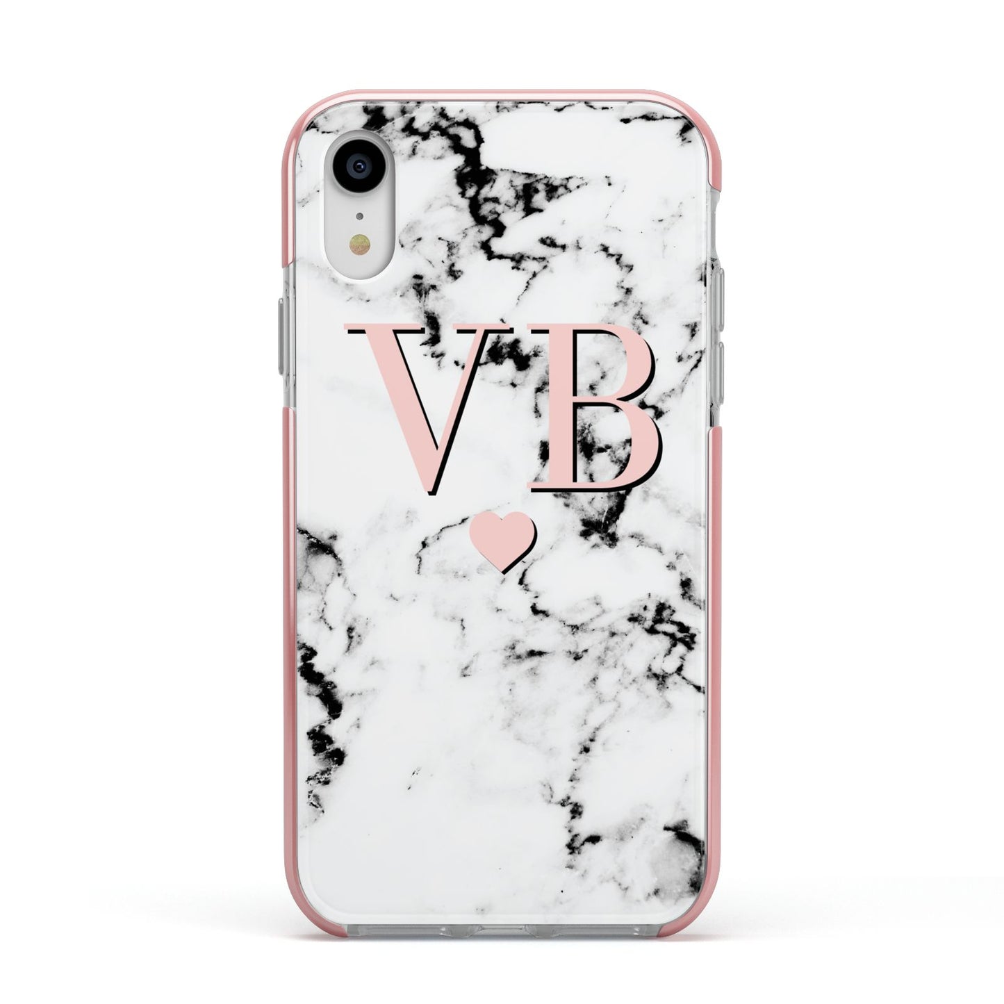 Personalised Coral Heart Initial Marble Apple iPhone XR Impact Case Pink Edge on Silver Phone