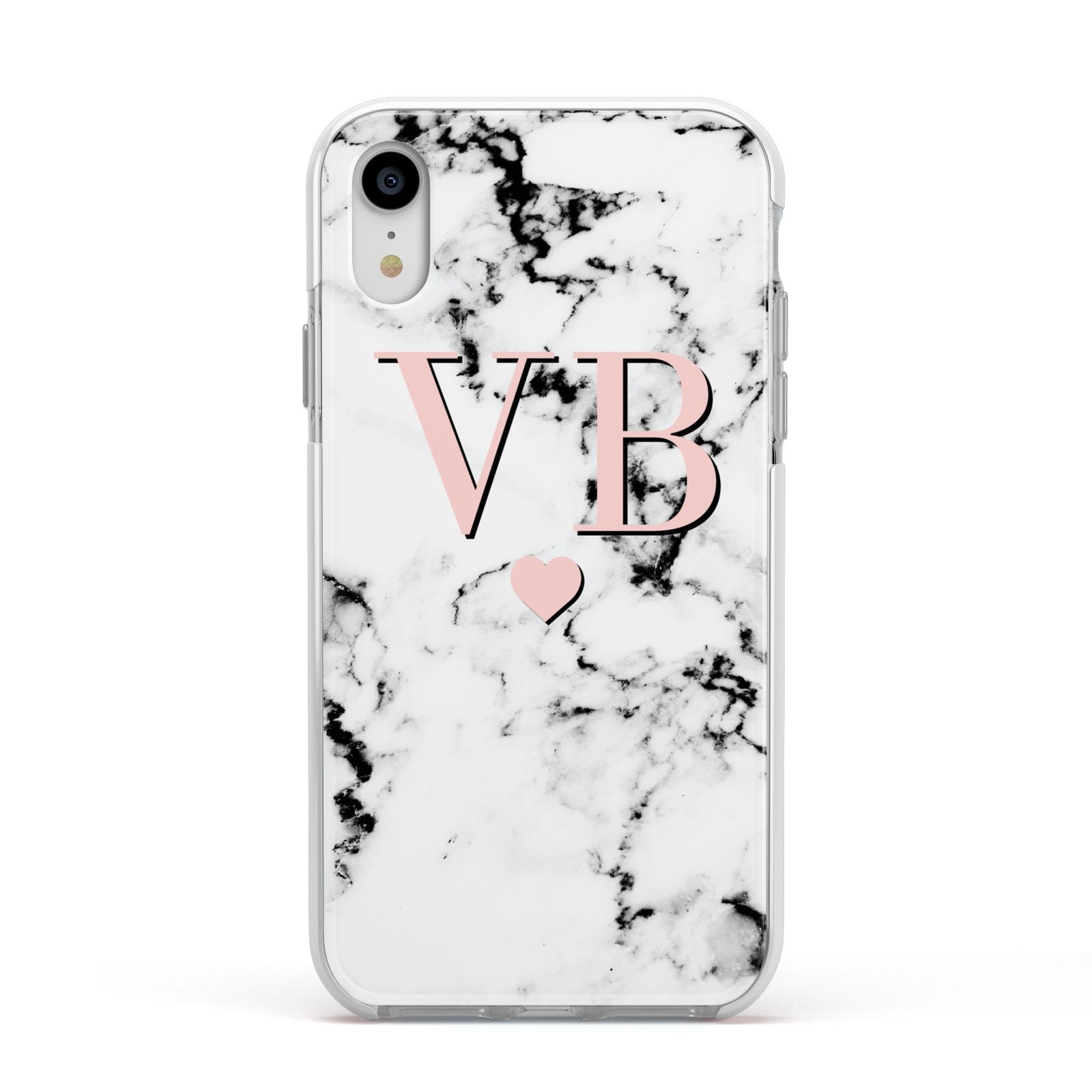 Personalised Coral Heart Initial Marble Apple iPhone XR Impact Case White Edge on Silver Phone