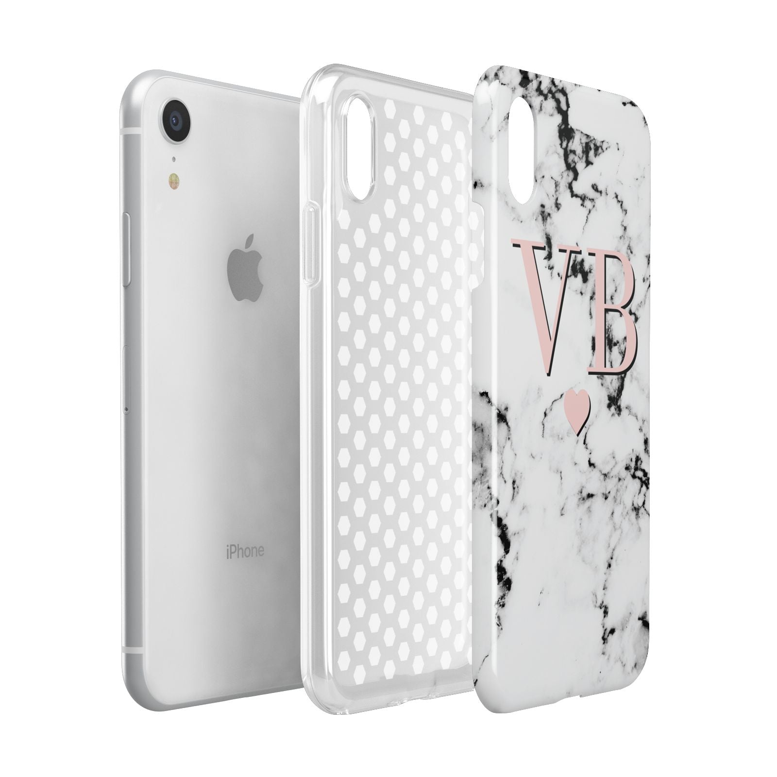 Personalised Coral Heart Initial Marble Apple iPhone XR White 3D Tough Case Expanded view