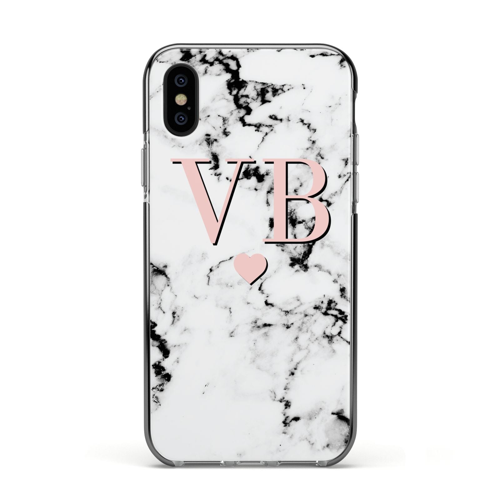 Personalised Coral Heart Initial Marble Apple iPhone Xs Impact Case Black Edge on Black Phone