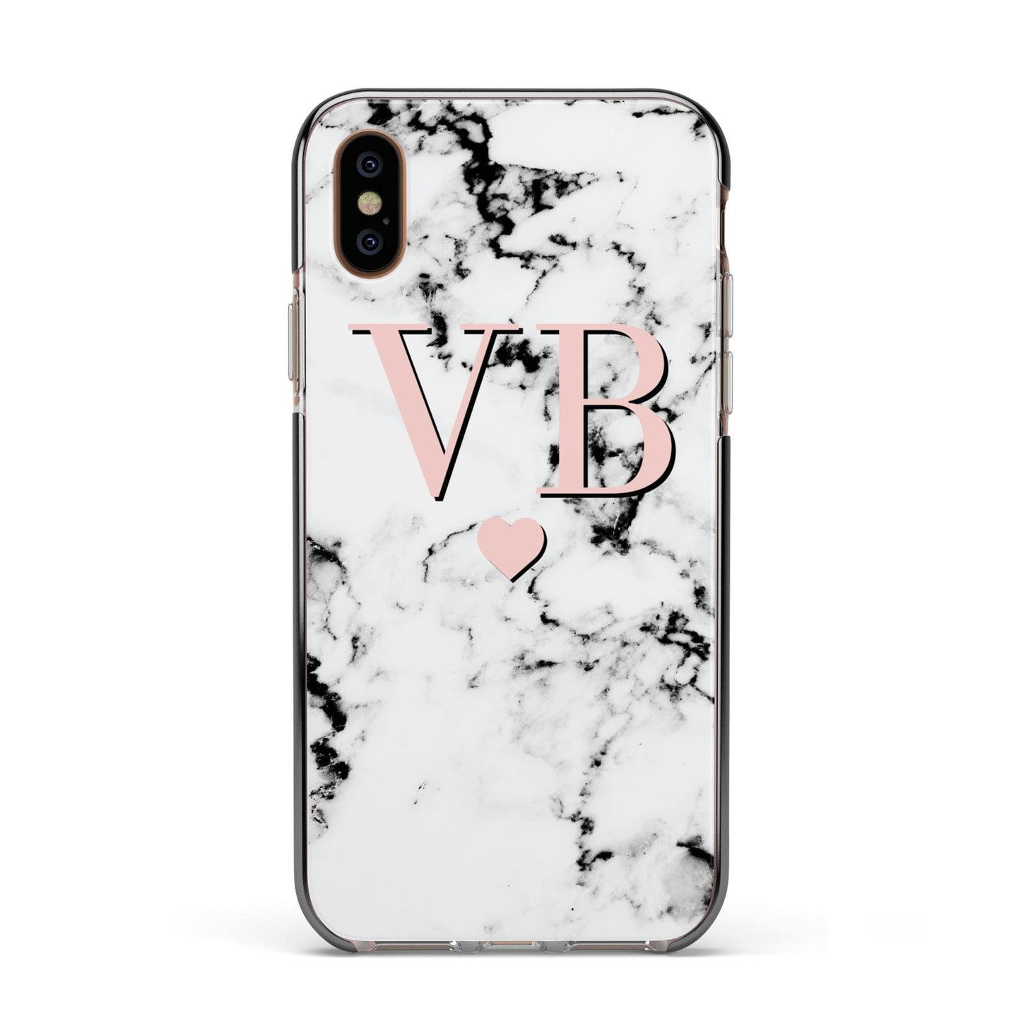 Personalised Coral Heart Initial Marble Apple iPhone Xs Impact Case Black Edge on Gold Phone