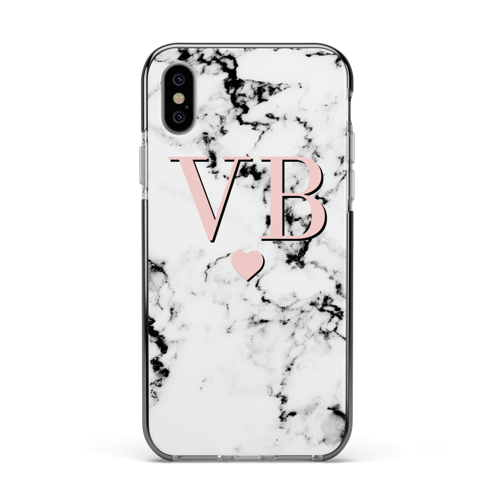Personalised Coral Heart Initial Marble Apple iPhone Xs Impact Case Black Edge on Silver Phone