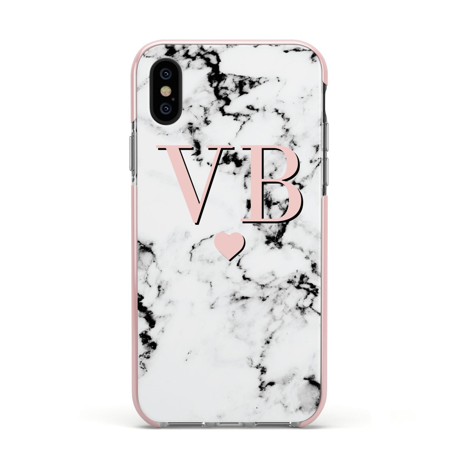 Personalised Coral Heart Initial Marble Apple iPhone Xs Impact Case Pink Edge on Black Phone