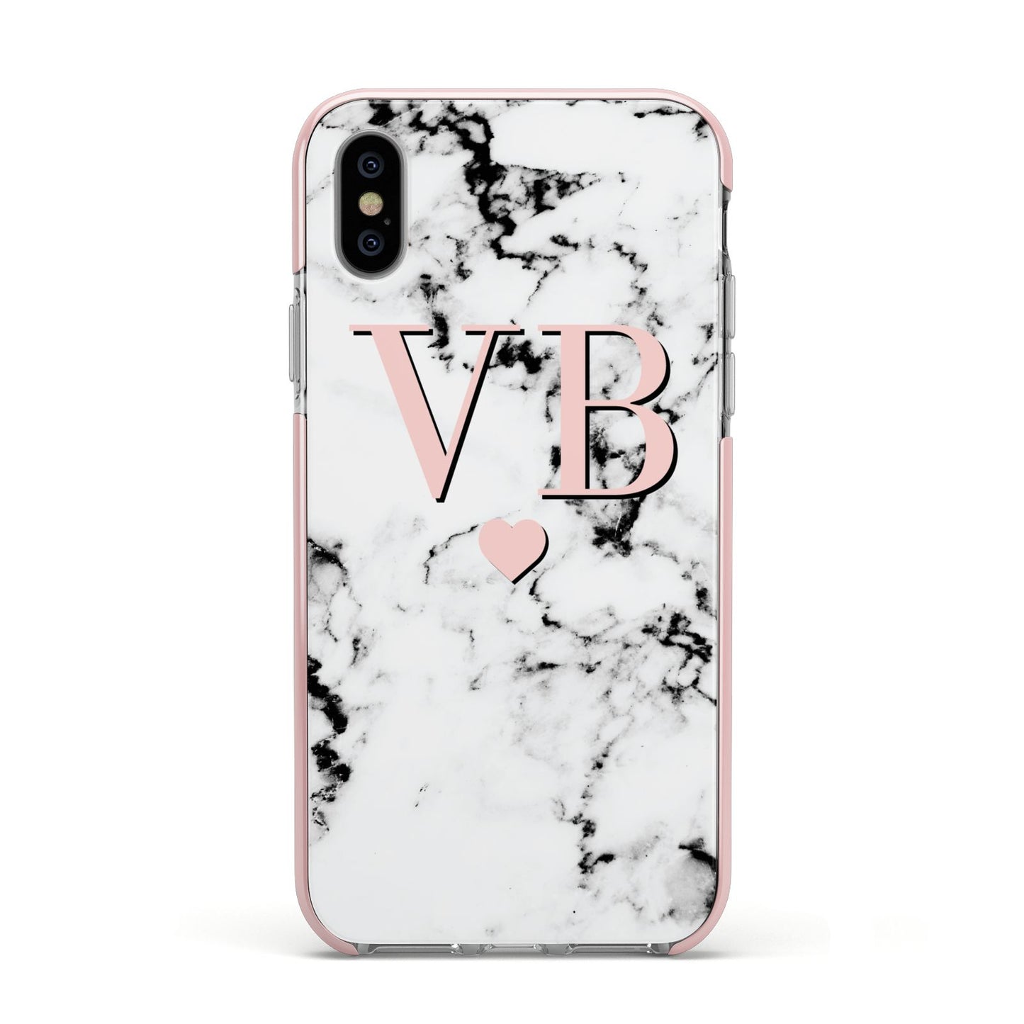 Personalised Coral Heart Initial Marble Apple iPhone Xs Impact Case Pink Edge on Silver Phone