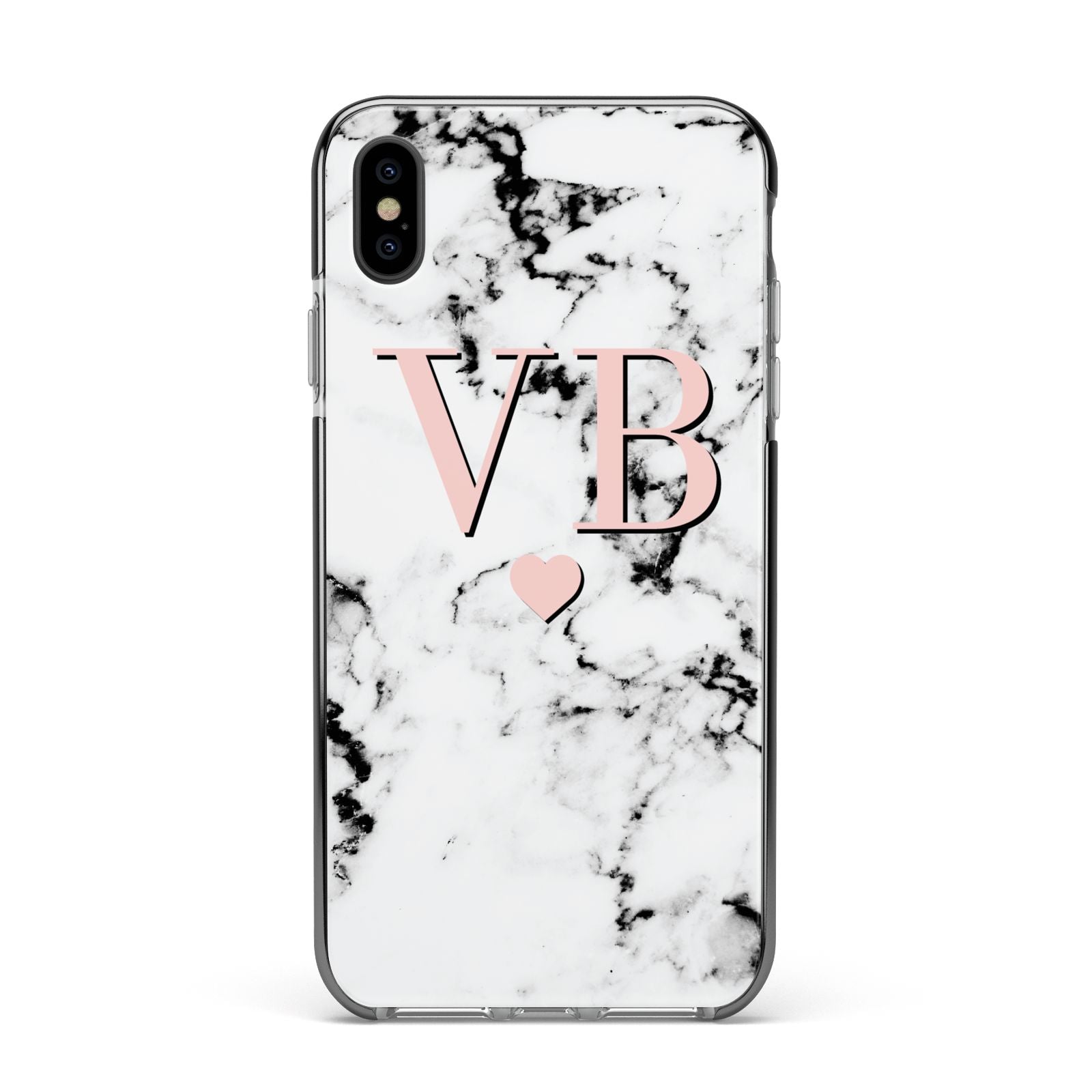 Personalised Coral Heart Initial Marble Apple iPhone Xs Max Impact Case Black Edge on Black Phone
