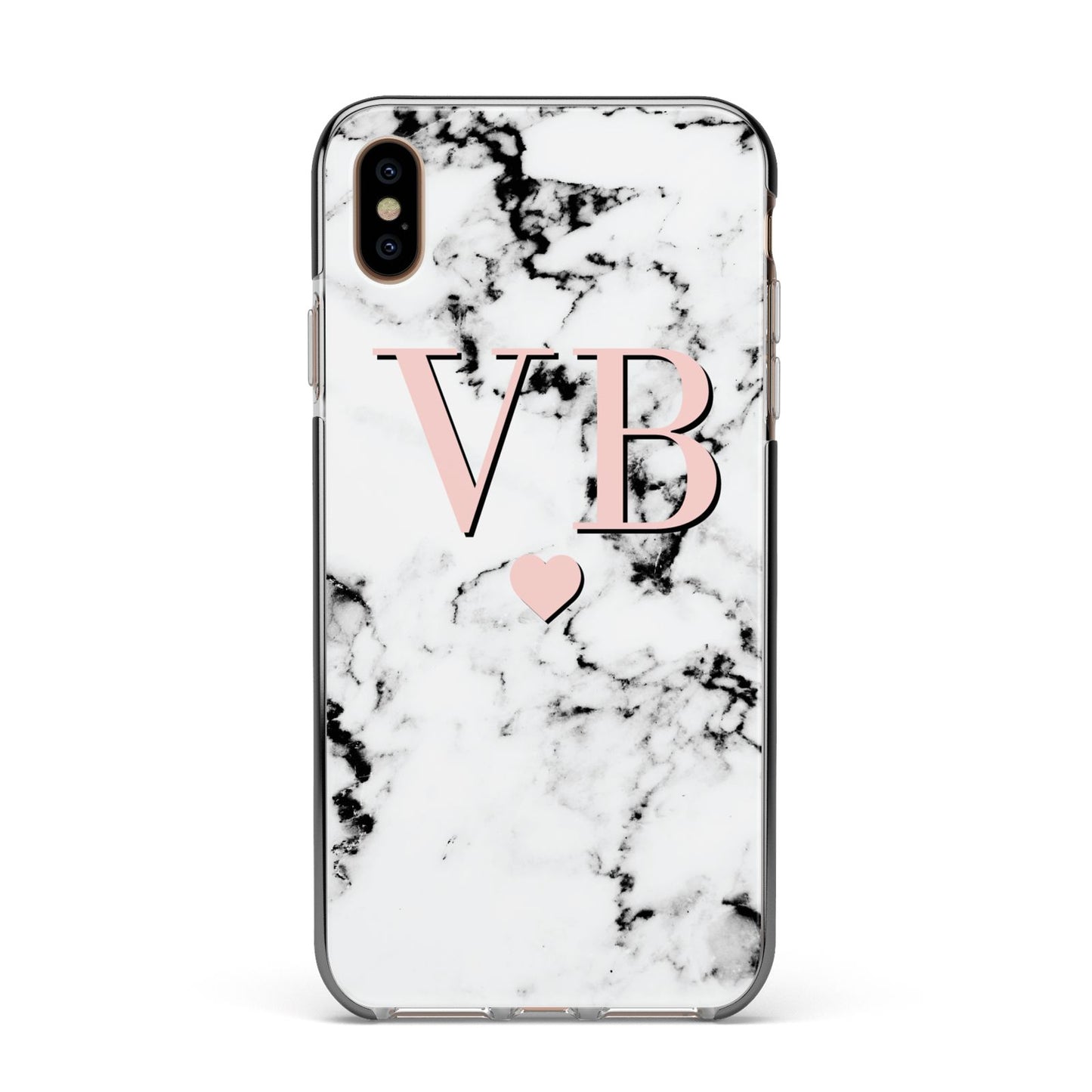 Personalised Coral Heart Initial Marble Apple iPhone Xs Max Impact Case Black Edge on Gold Phone