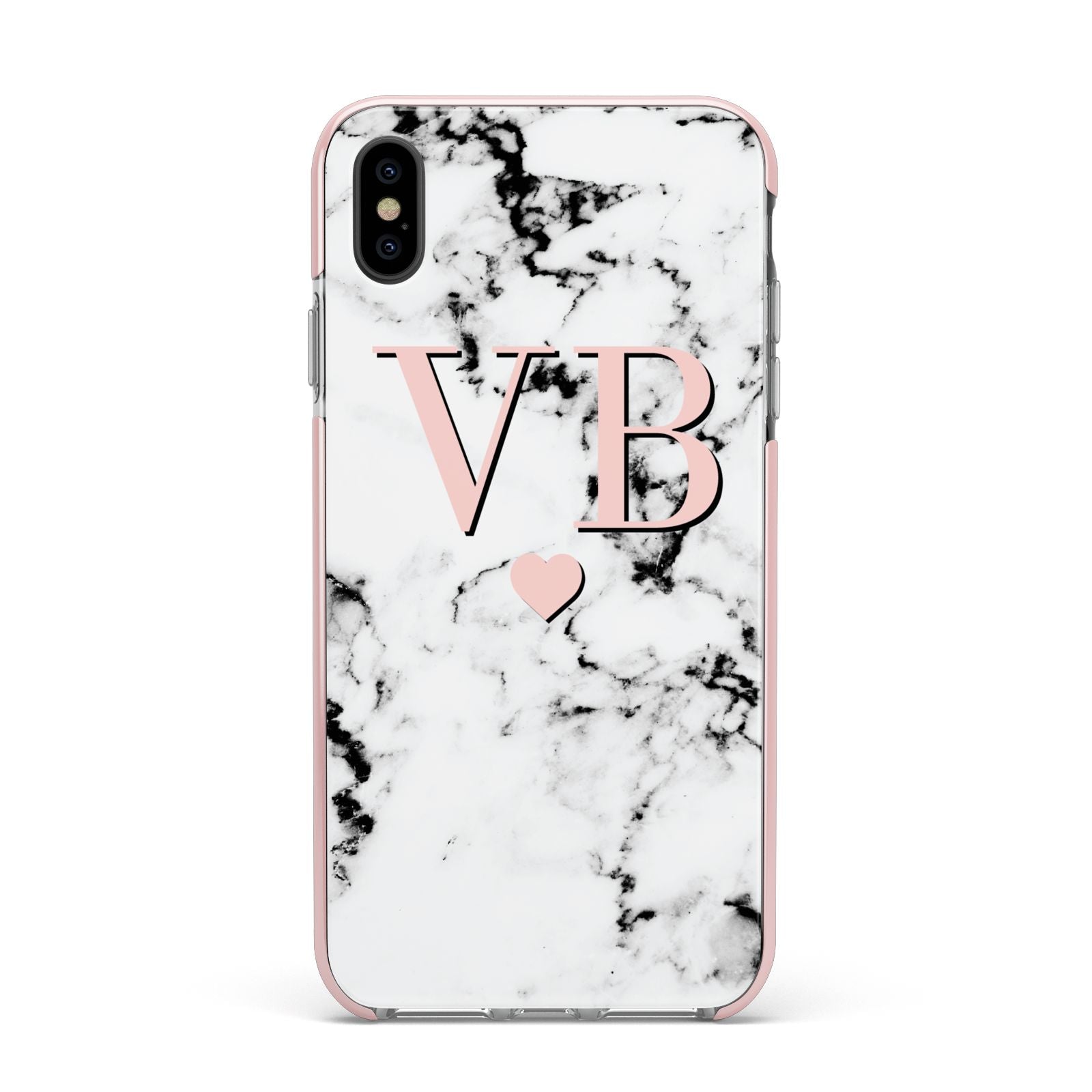 Personalised Coral Heart Initial Marble Apple iPhone Xs Max Impact Case Pink Edge on Black Phone