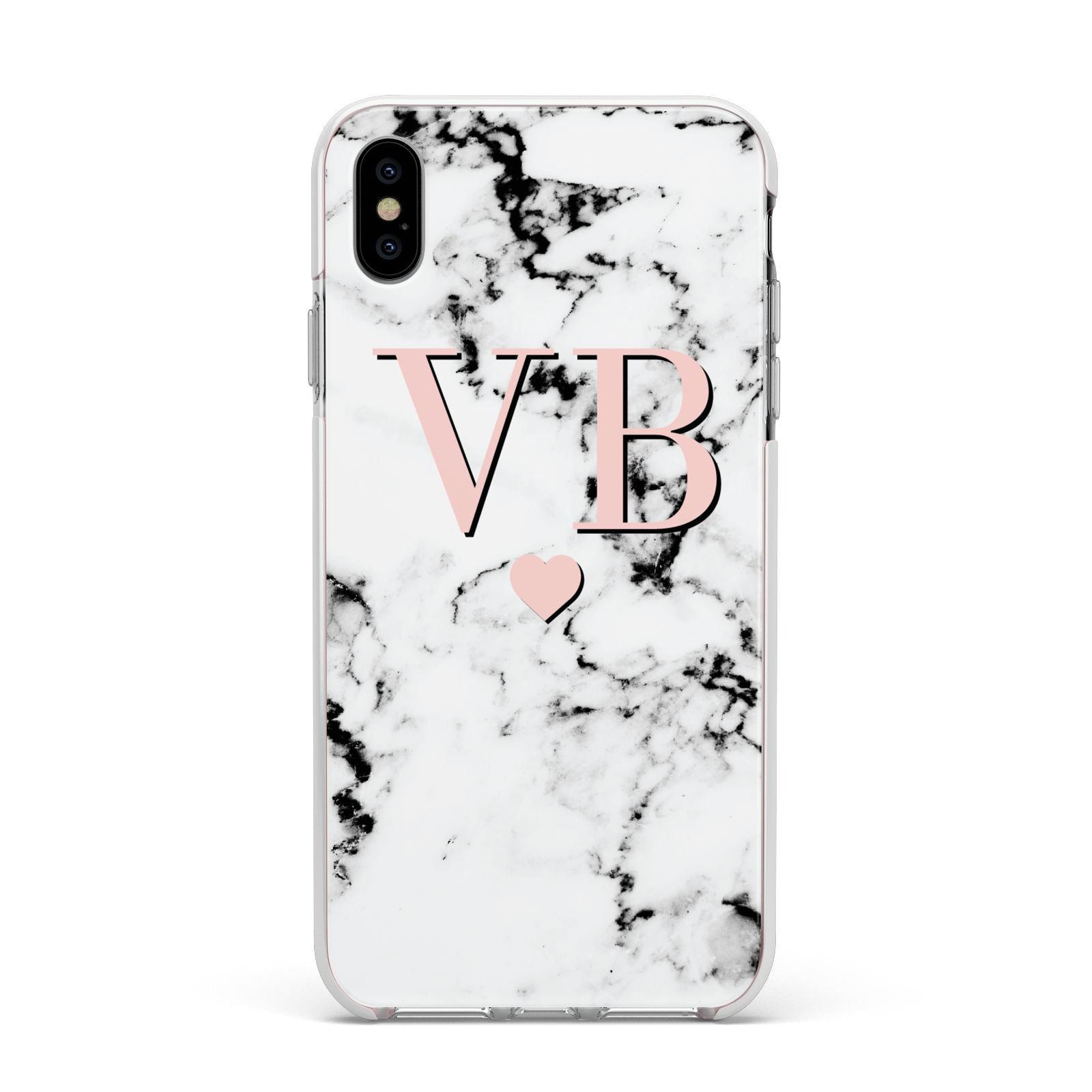 Personalised Coral Heart Initial Marble Apple iPhone Xs Max Impact Case White Edge on Silver Phone