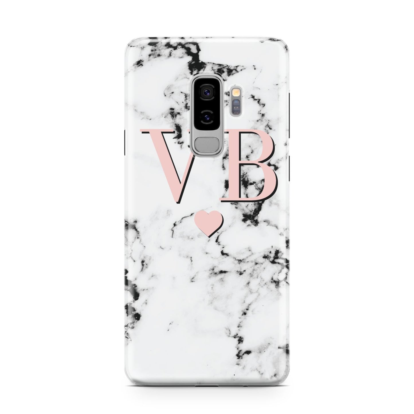 Personalised Coral Heart Initial Marble Samsung Galaxy S9 Plus Case on Silver phone