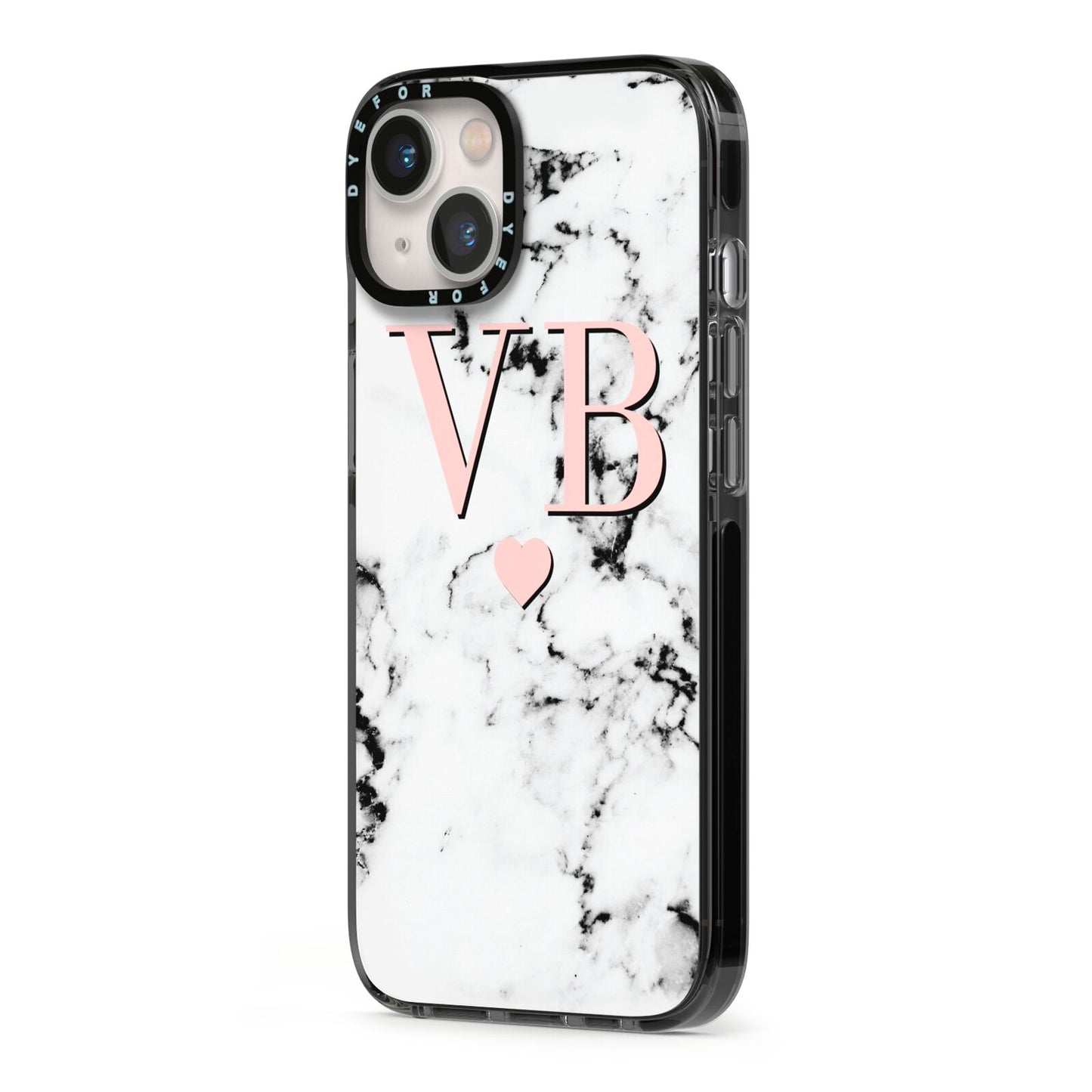 Personalised Coral Heart Initial Marble iPhone 13 Black Impact Case Side Angle on Silver phone