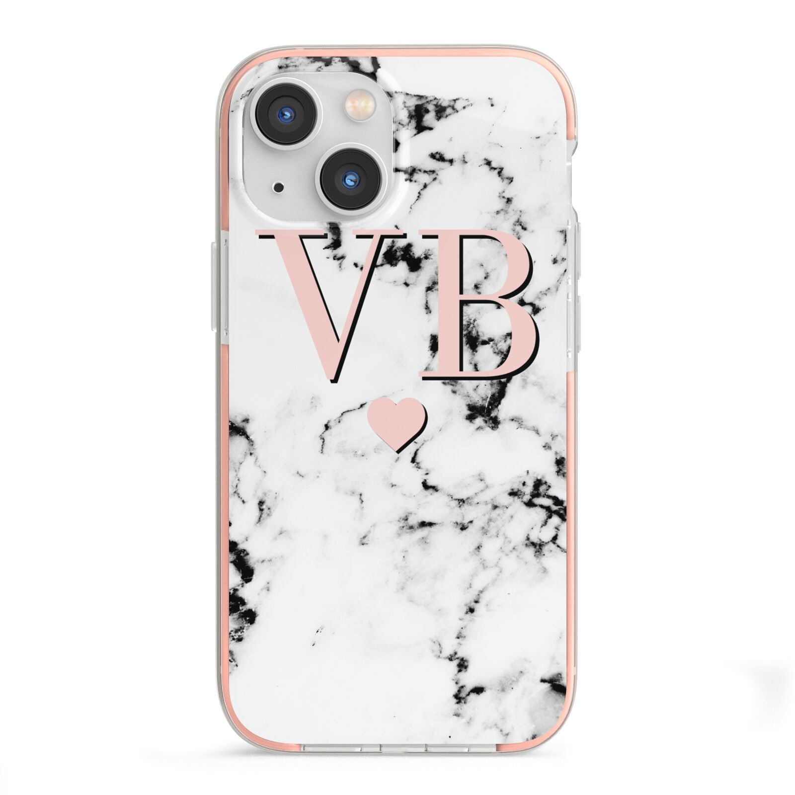 Personalised Coral Heart Initial Marble iPhone 13 Mini TPU Impact Case with Pink Edges