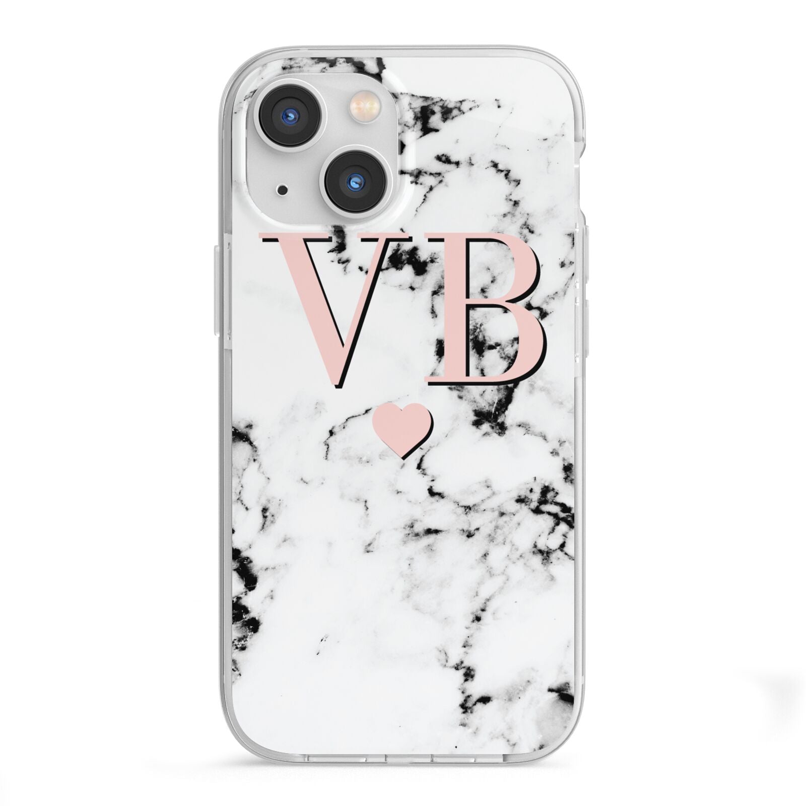 Personalised Coral Heart Initial Marble iPhone 13 Mini TPU Impact Case with White Edges