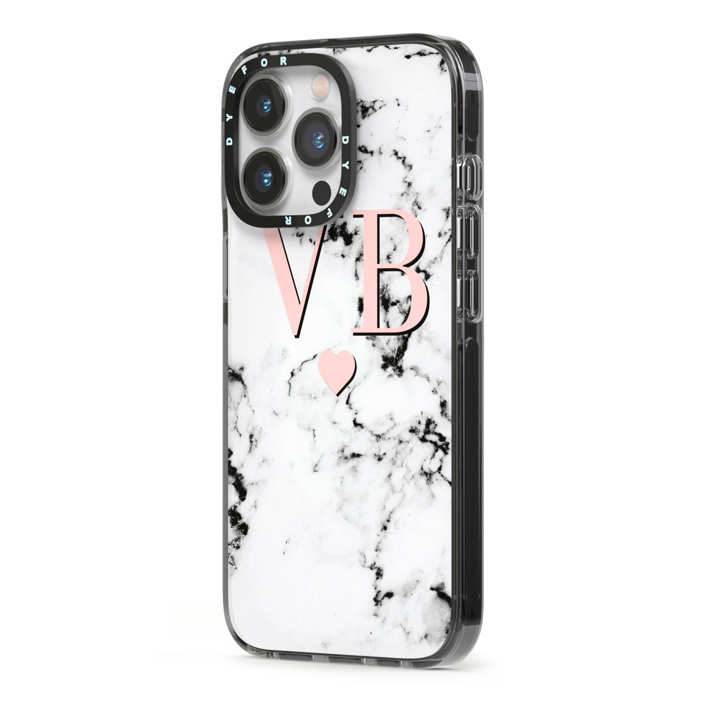 Personalised Coral Heart Initial Marble iPhone 13 Pro Black Impact Case Side Angle on Silver phone
