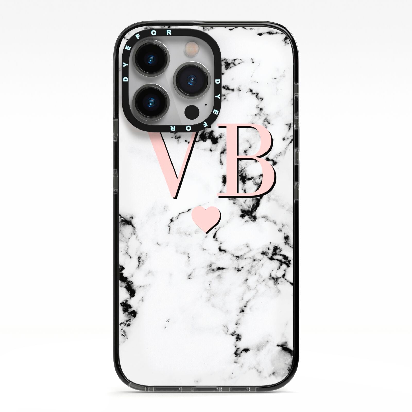 Personalised Coral Heart Initial Marble iPhone 13 Pro Black Impact Case on Silver phone