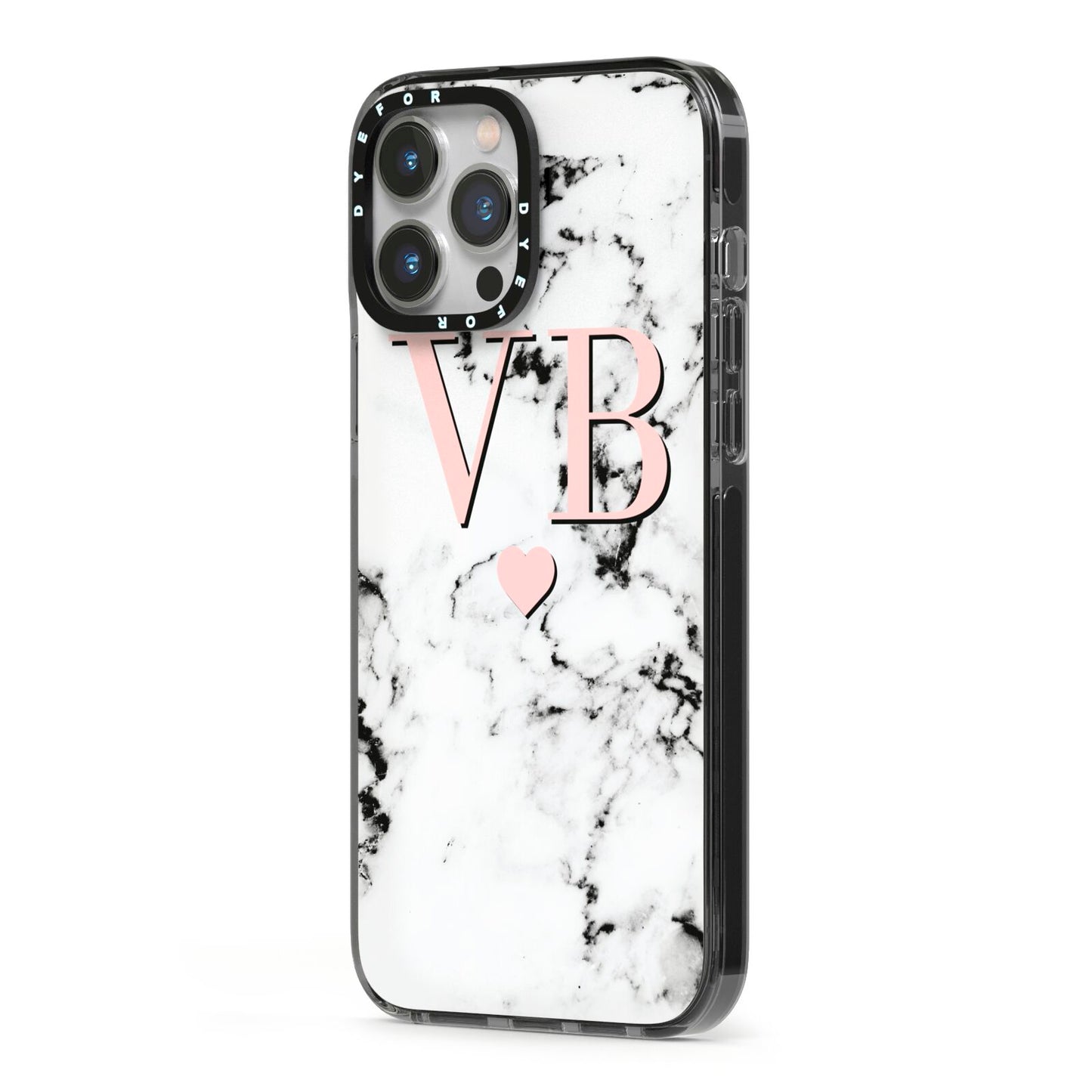 Personalised Coral Heart Initial Marble iPhone 13 Pro Max Black Impact Case Side Angle on Silver phone