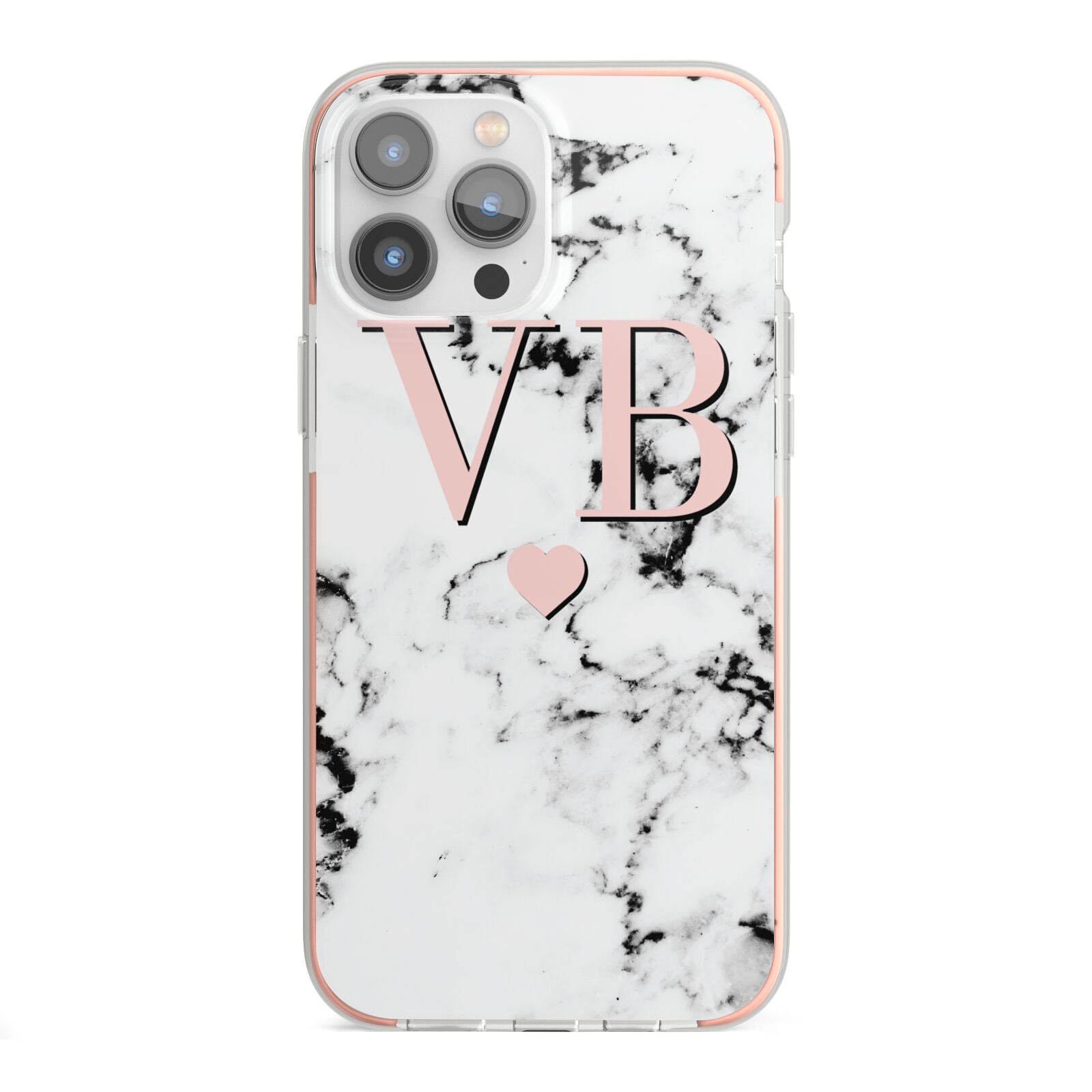 Personalised Coral Heart Initial Marble iPhone 13 Pro Max TPU Impact Case with Pink Edges