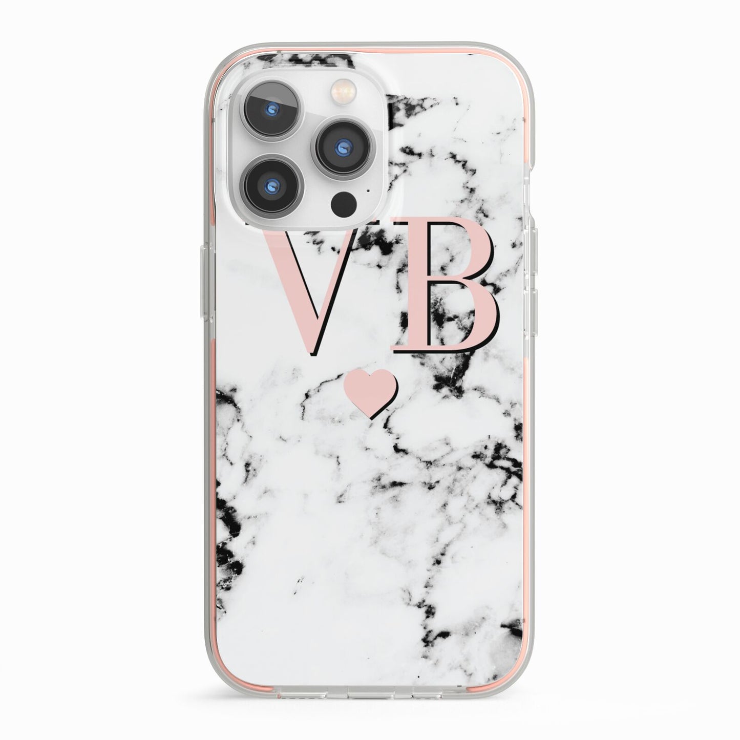 Personalised Coral Heart Initial Marble iPhone 13 Pro TPU Impact Case with Pink Edges