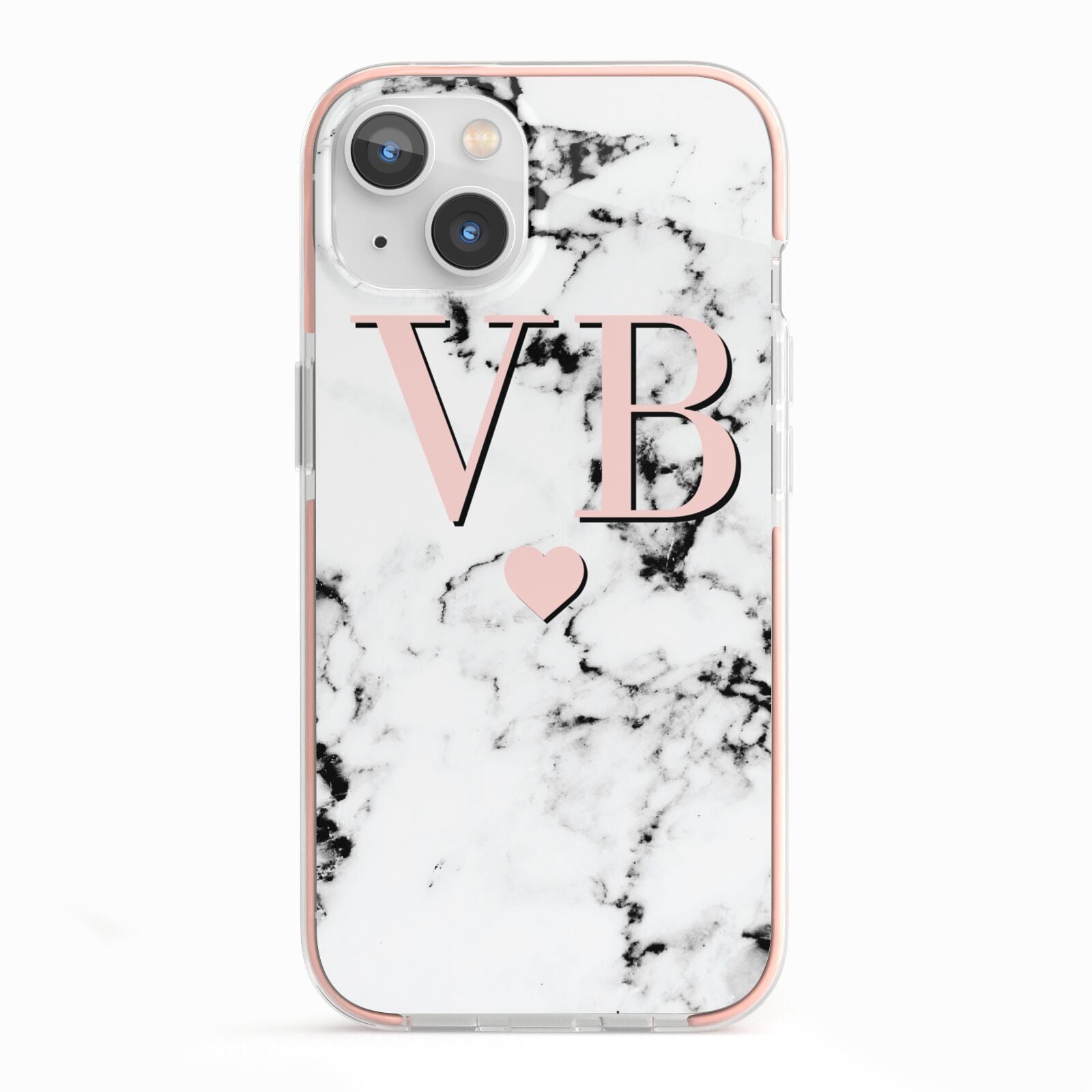 Personalised Coral Heart Initial Marble iPhone 13 TPU Impact Case with Pink Edges