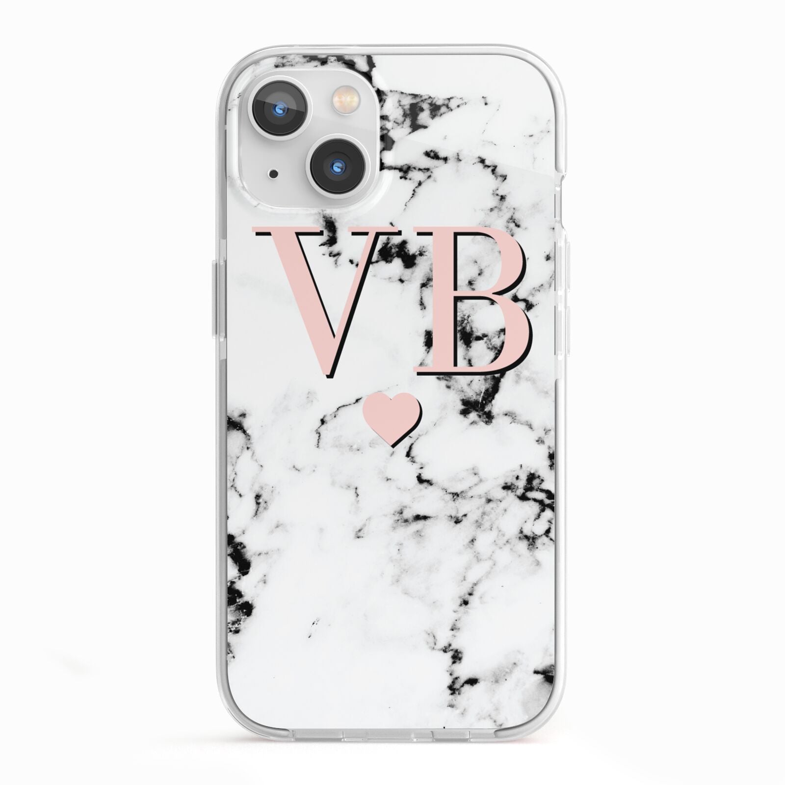 Personalised Coral Heart Initial Marble iPhone 13 TPU Impact Case with White Edges