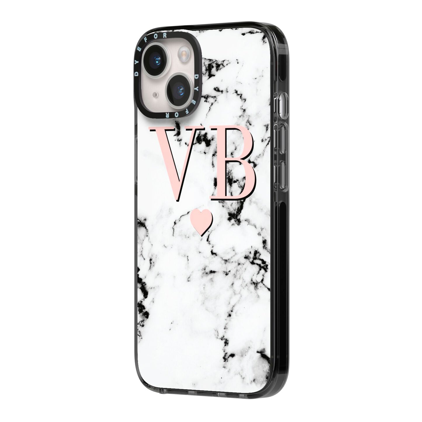 Personalised Coral Heart Initial Marble iPhone 14 Black Impact Case Side Angle on Silver phone